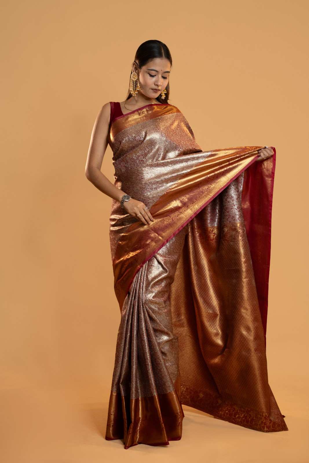 Copper Gold Banarasi Brocade with Rich Maroon Border Ready To Wear Saree