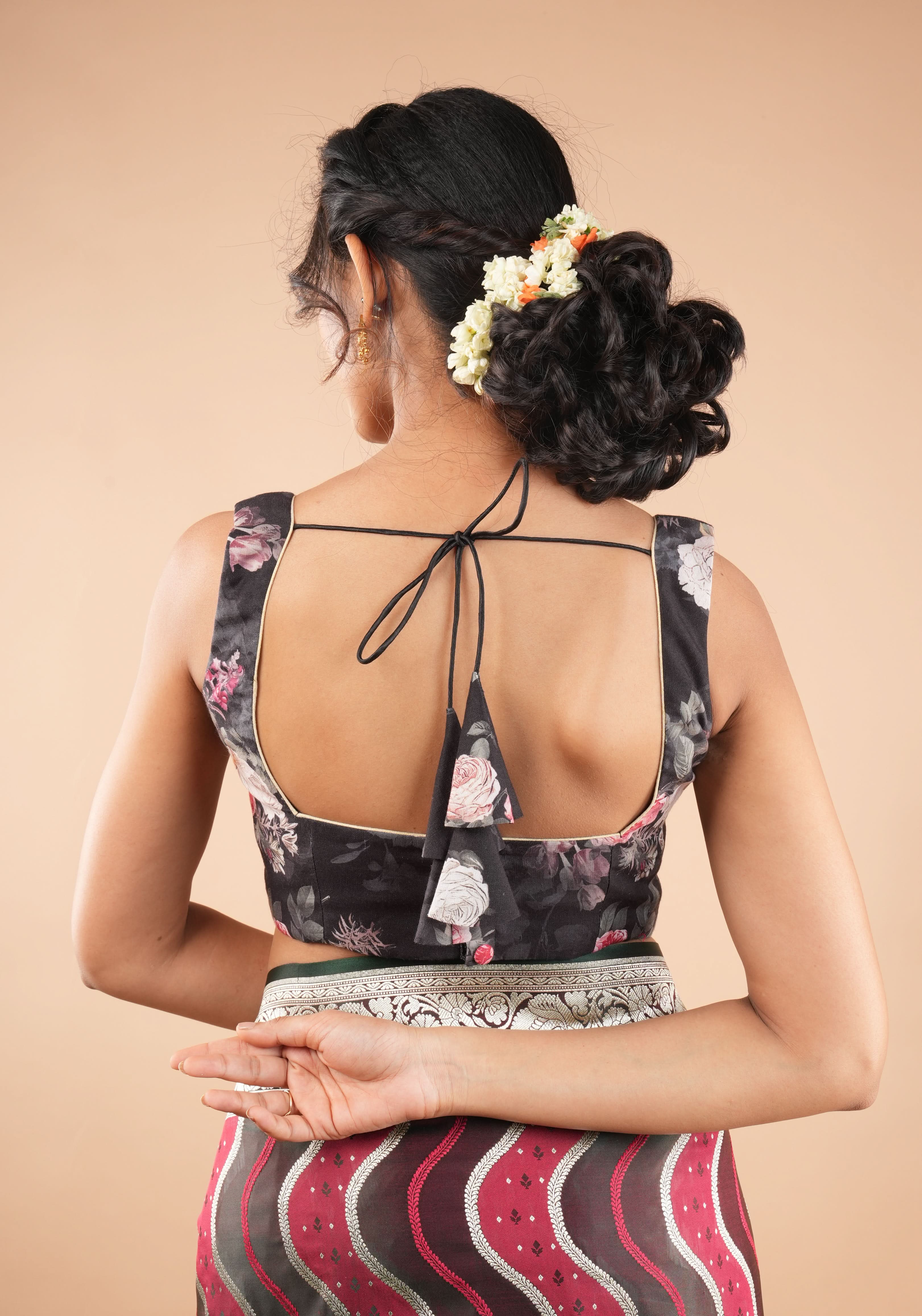 Black Digital Print Cotton Blouse with Square Neck Front and sleeveless | Shobitam