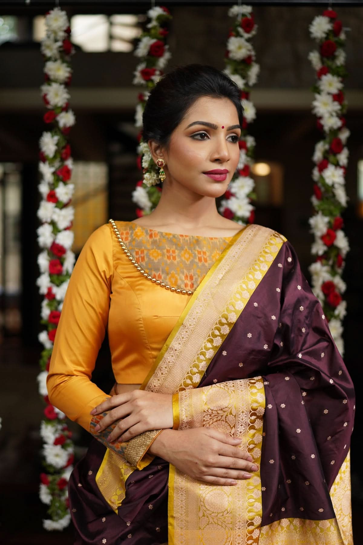 Mustard silk boatneck  blouse with pure rawsilk ikkat yoke, made to order | Shobitam