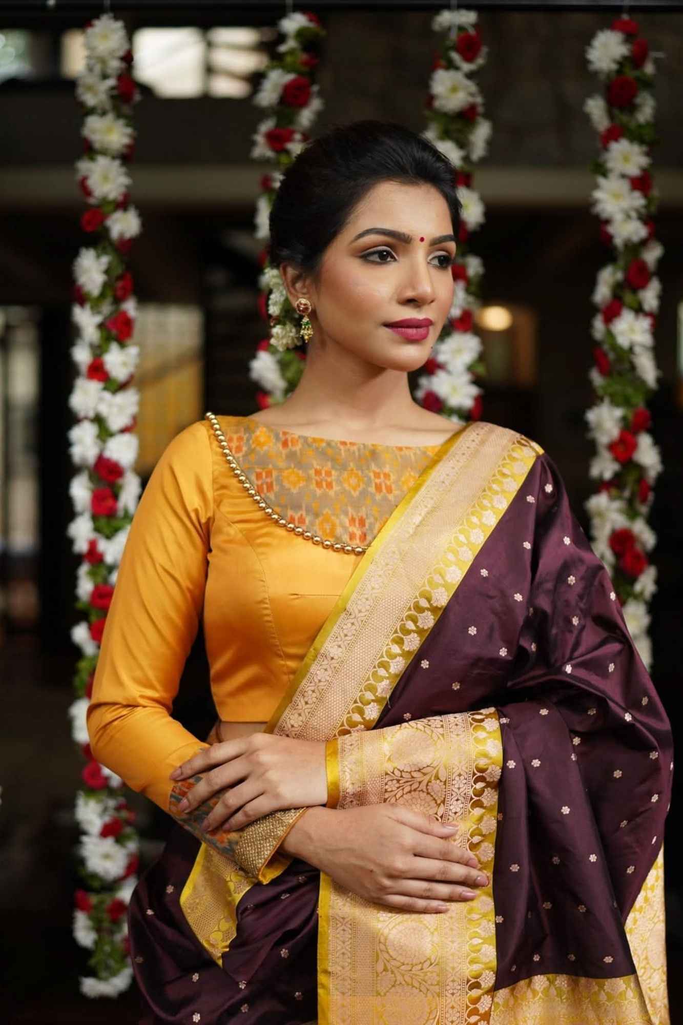 Mustard silk boatneck  blouse with pure rawsilk ikkat yoke, made to order