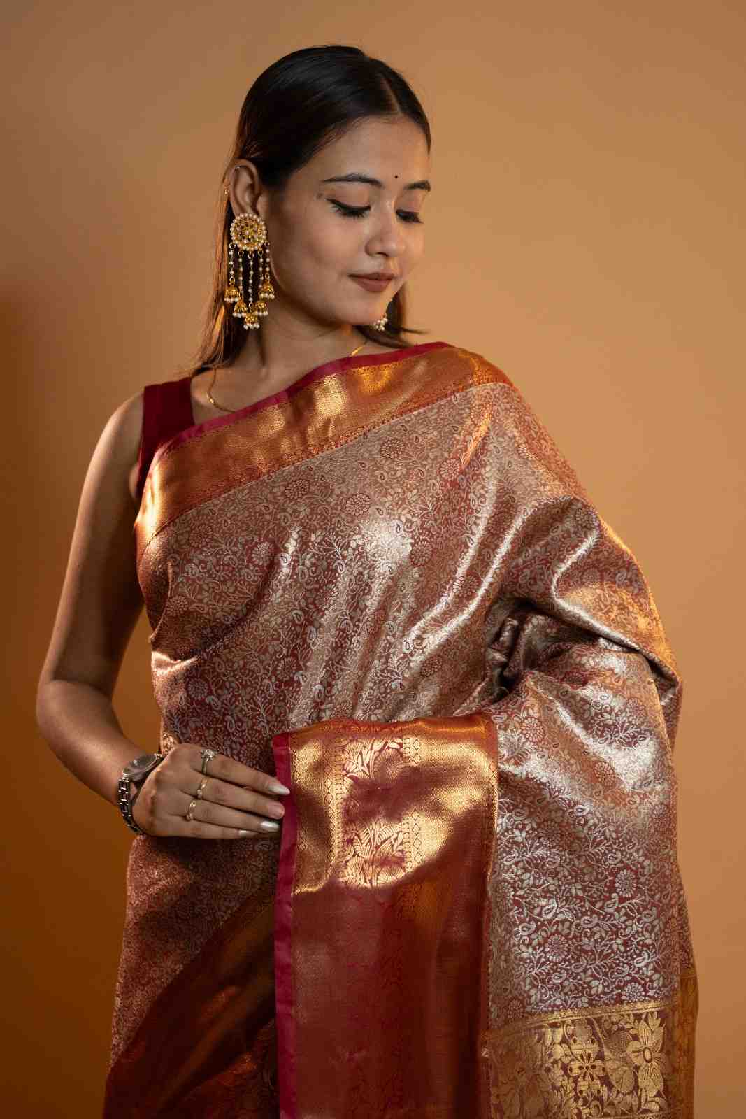 Copper Gold Banarasi Brocade with Rich Maroon Border Ready To Wear Saree