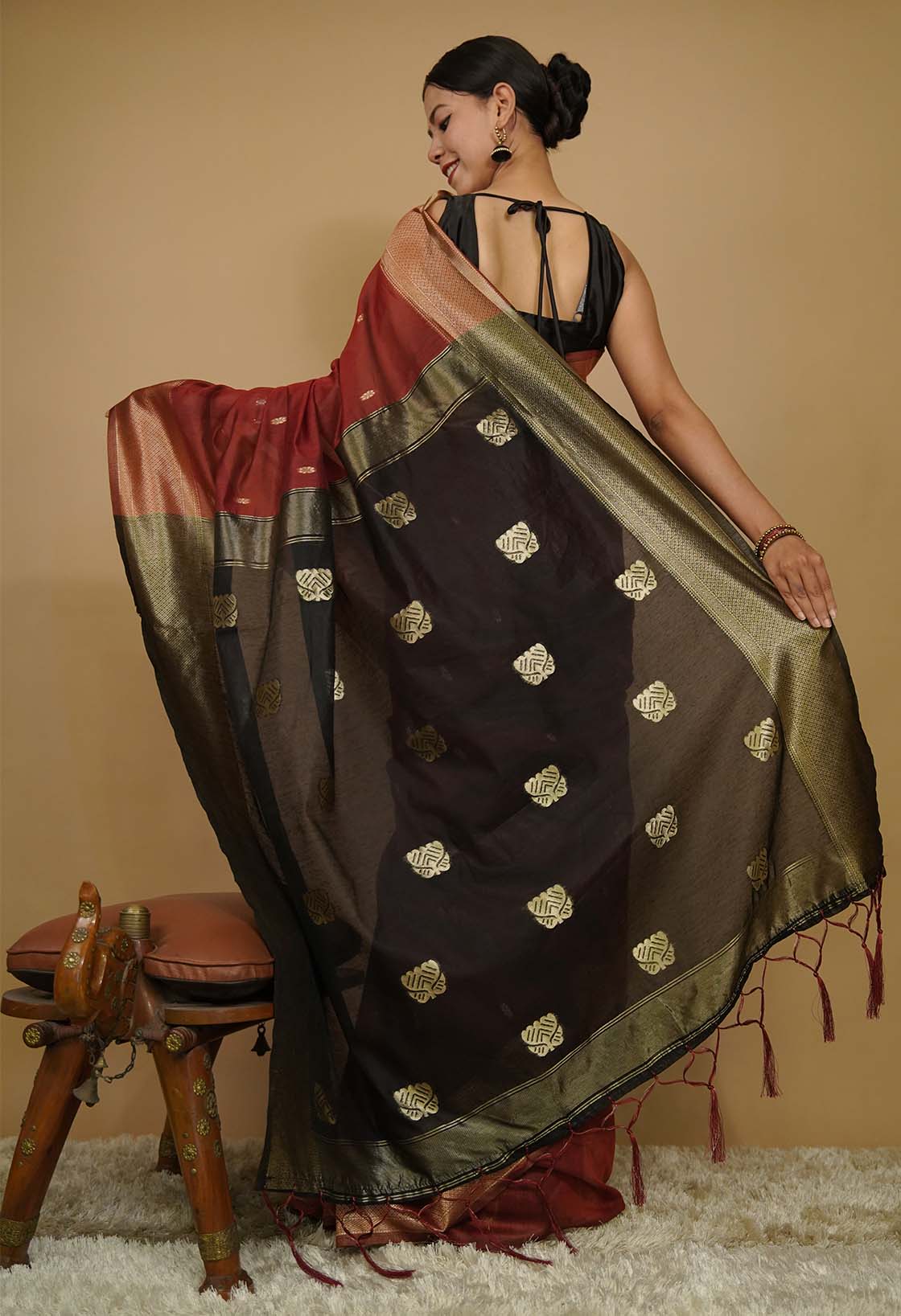 Traditional Styled Soft Cotton Silk Saree With maroon &  Golden Zari Bordar Wrap in 1 minute Saree