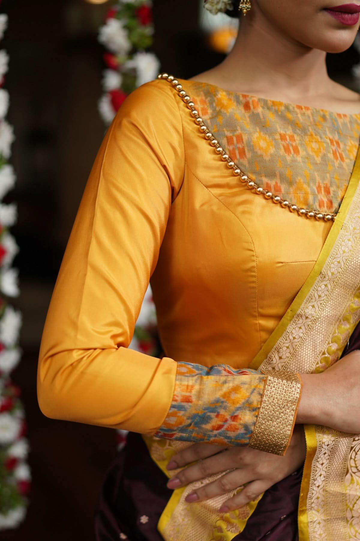 Mustard silk boatneck  blouse with pure rawsilk ikkat yoke, made to order | Shobitam
