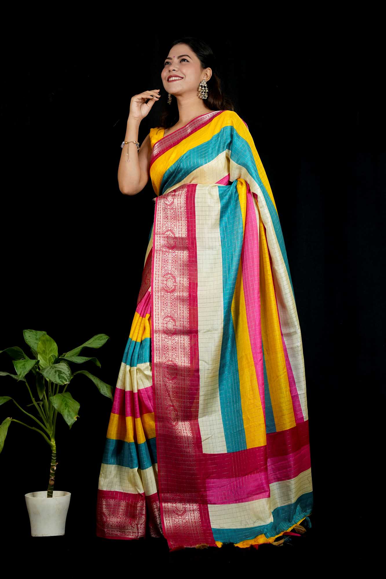 Cotton Crepe Vibrant Multicolor with Intricate Border Work Ready To Wear Saree