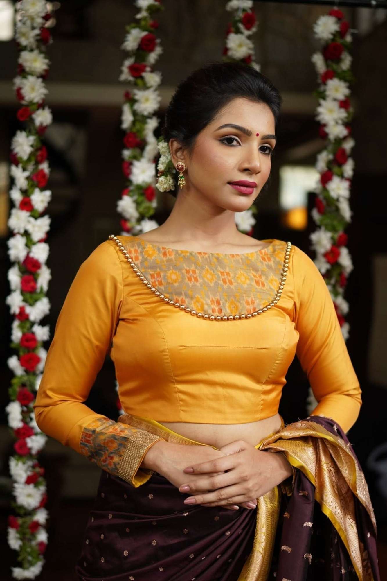 Mustard silk boatneck  blouse with pure rawsilk ikkat yoke, made to order