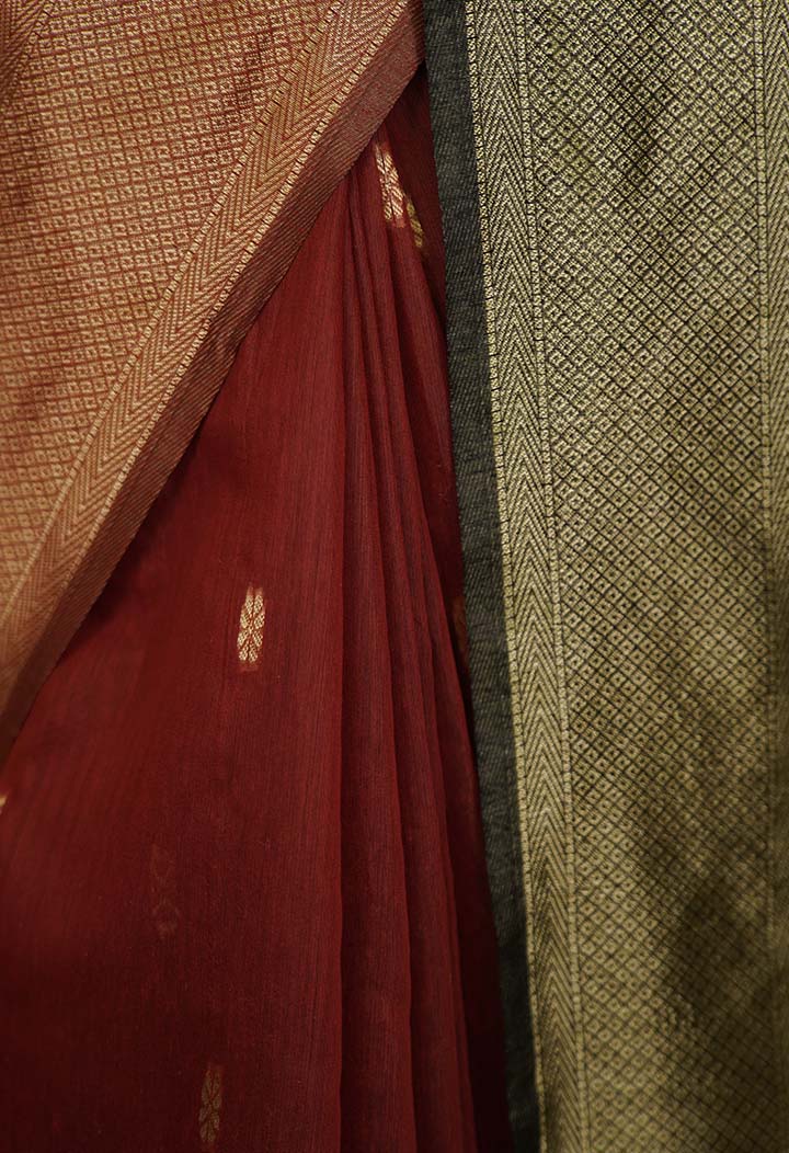 Traditional Styled Soft Cotton Silk Saree With maroon &  Golden Zari Bordar Wrap in 1 minute Saree