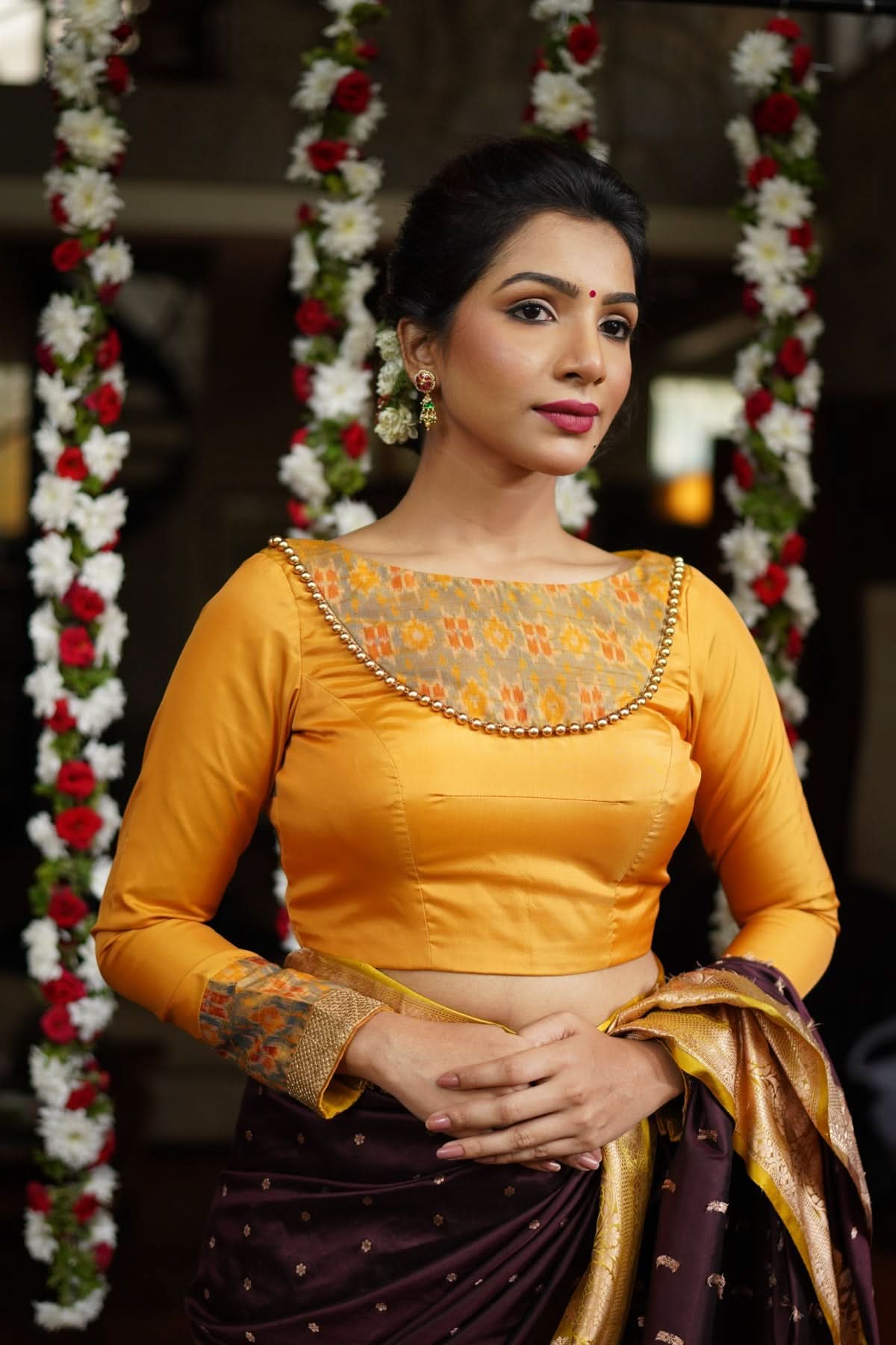 Mustard silk boatneck  blouse with pure rawsilk ikkat yoke, made to order | Shobitam