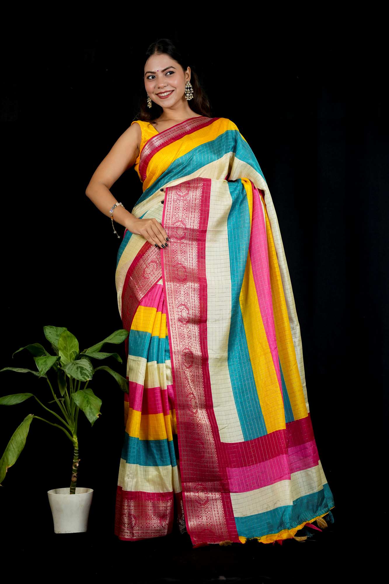 Cotton Crepe Vibrant Multicolor with Intricate Border Work Ready To Wear Saree