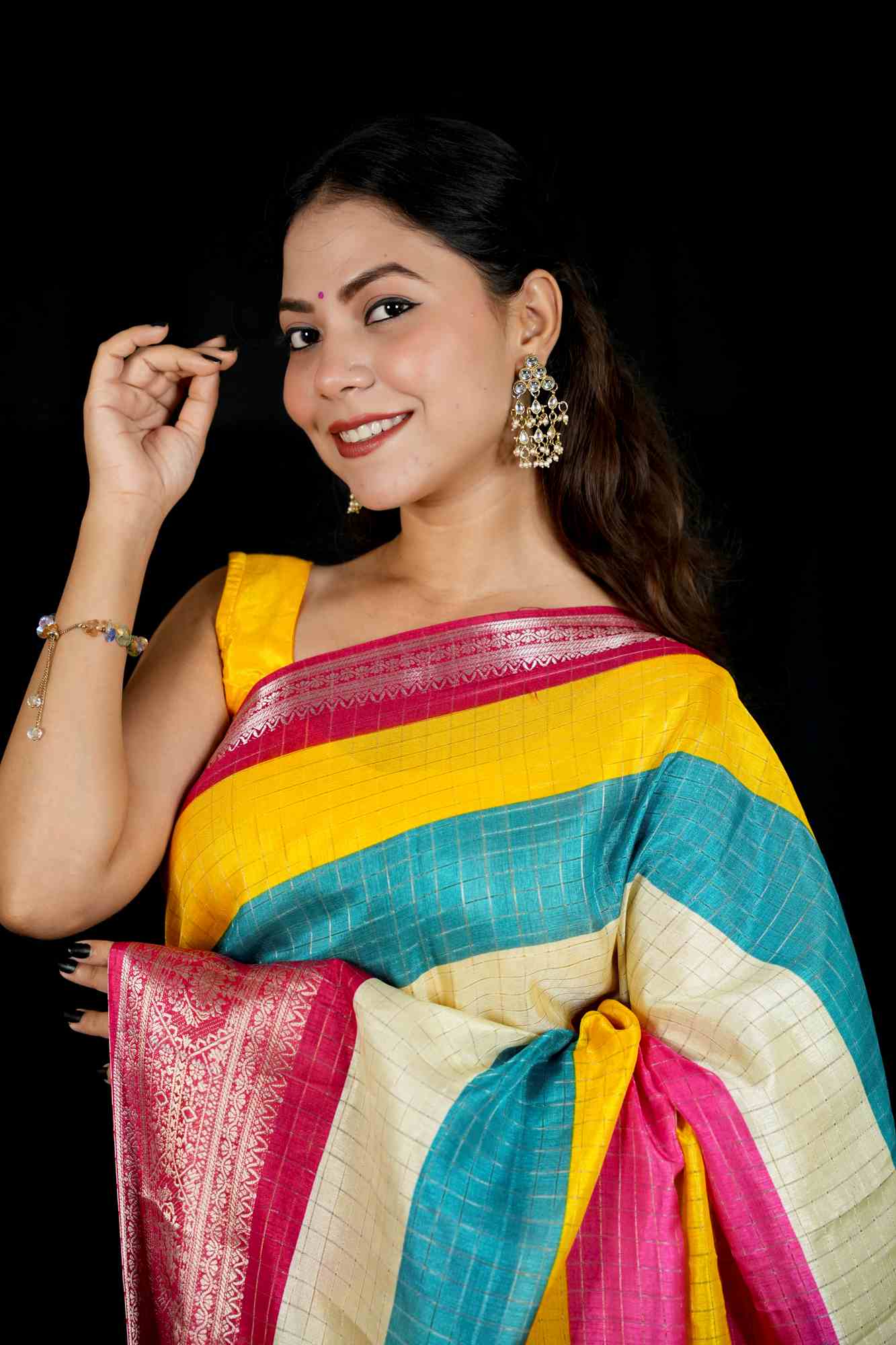 Cotton Crepe Vibrant Multicolor with Intricate Border Work Ready To Wear Saree