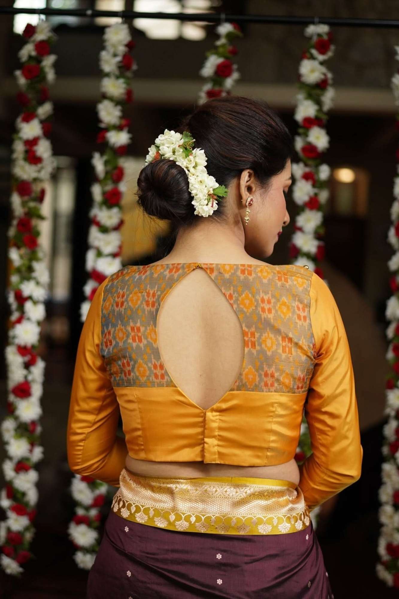 Mustard silk boatneck  blouse with pure rawsilk ikkat yoke, made to order