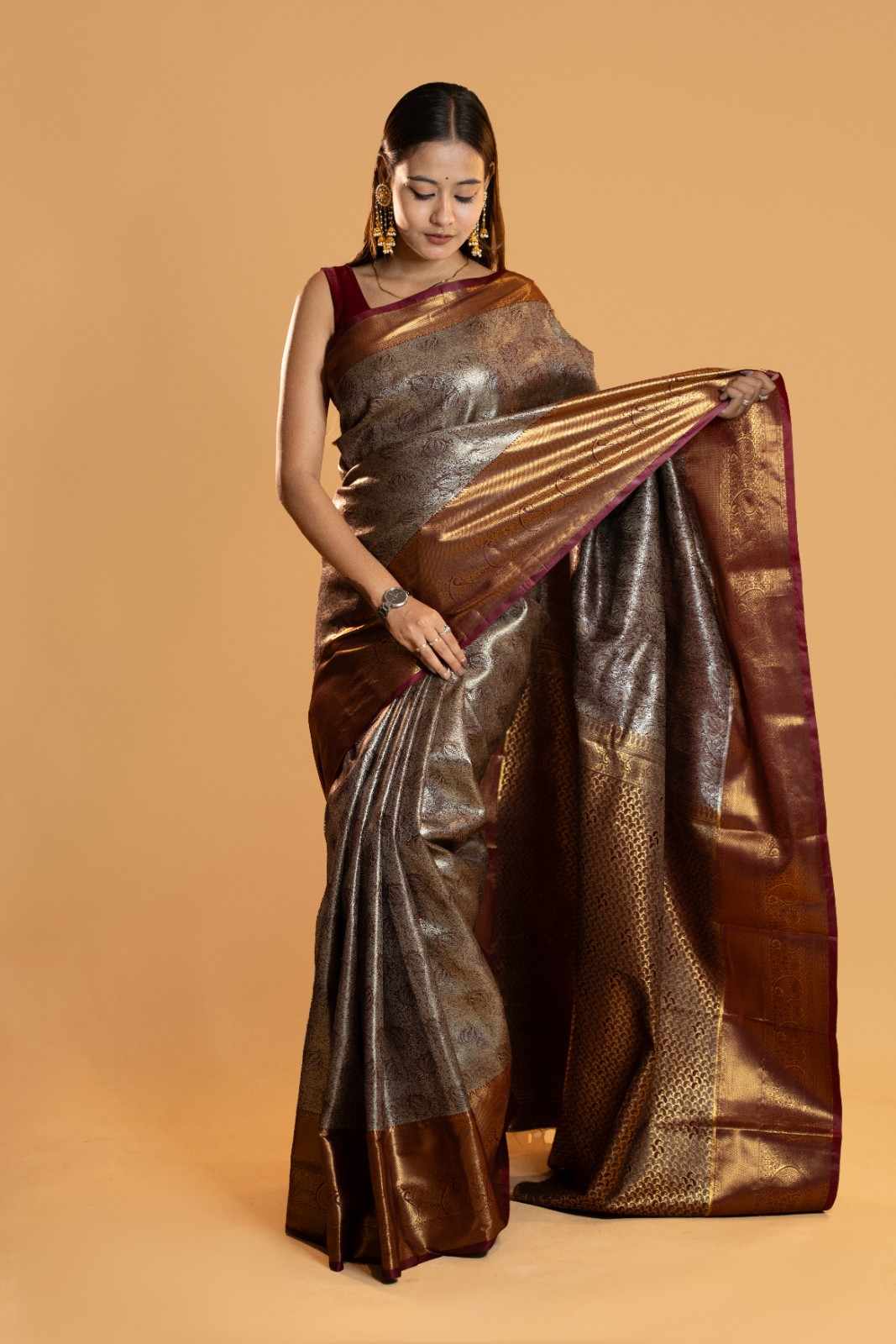 Antique Gold Banarasi  Brocade  Silk  with Wine Border & Rich Zari Weave Ready To Wear Saree