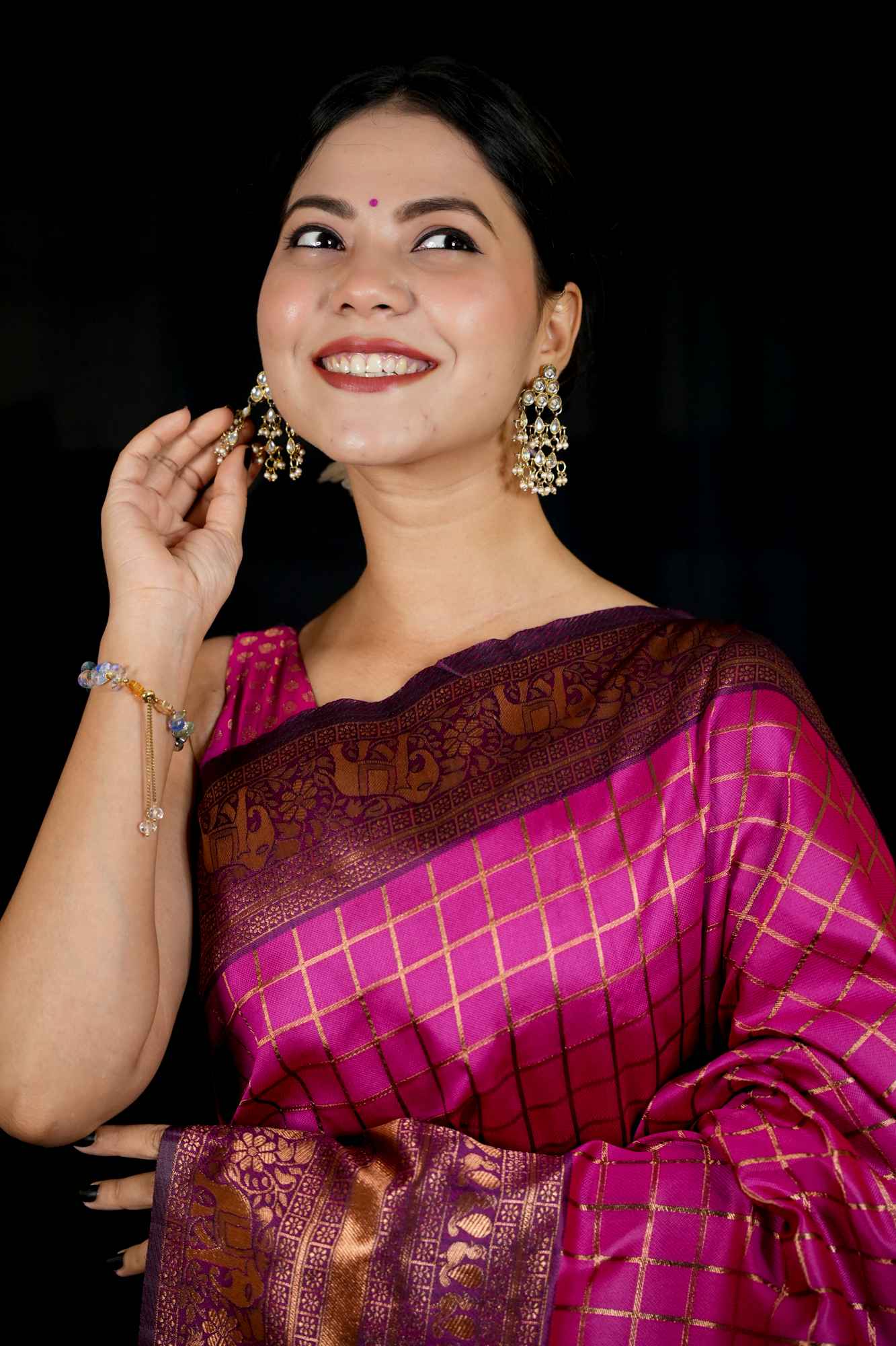 Vibrant Pink Lichi Silk with Zari Checkered Weave and Contrasting Pallu Ready To Wear Saree