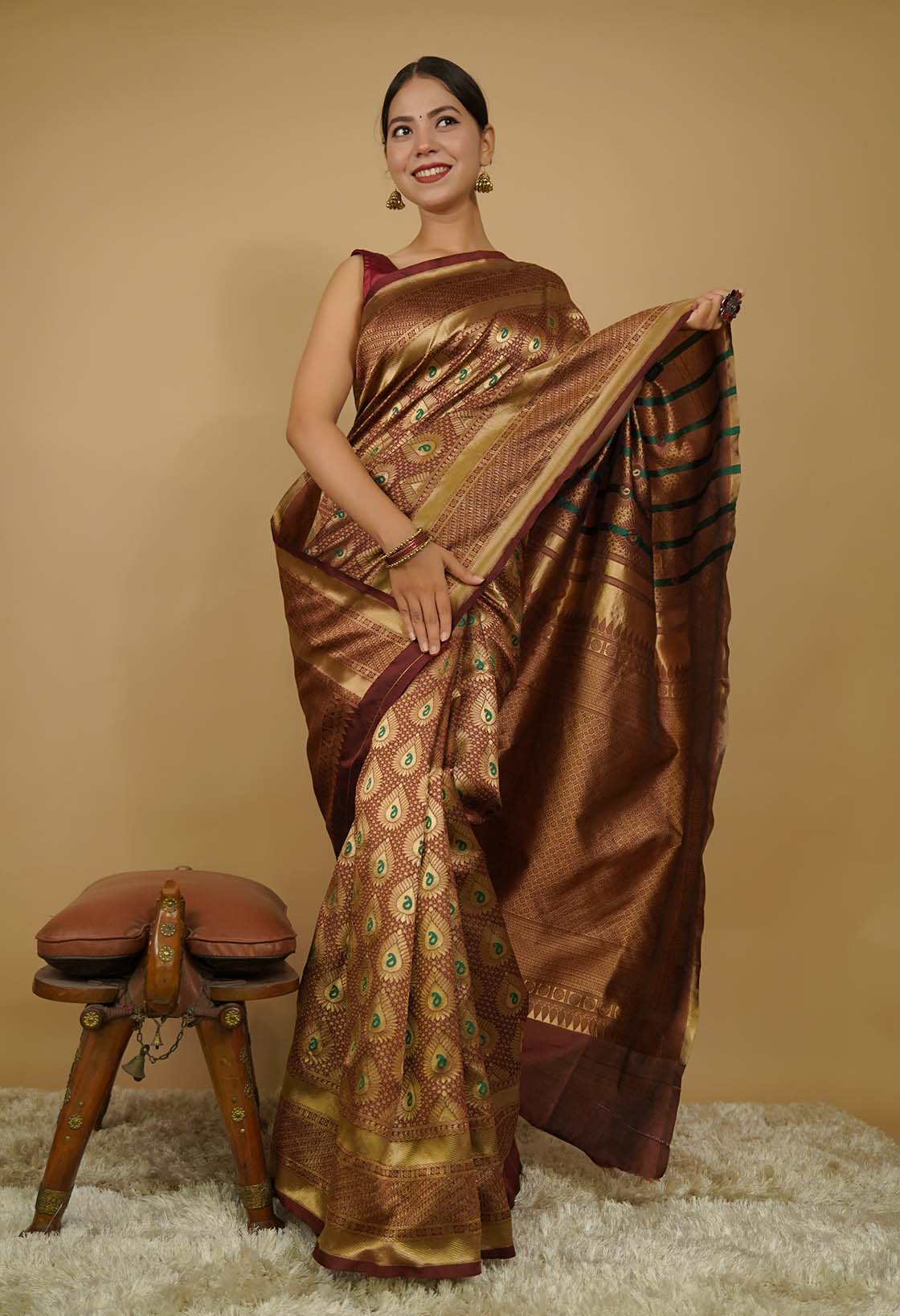 Wedding Rich look Banarasi  Silk Zari Woven With jacquard Paisley work Wrap in one minute saree