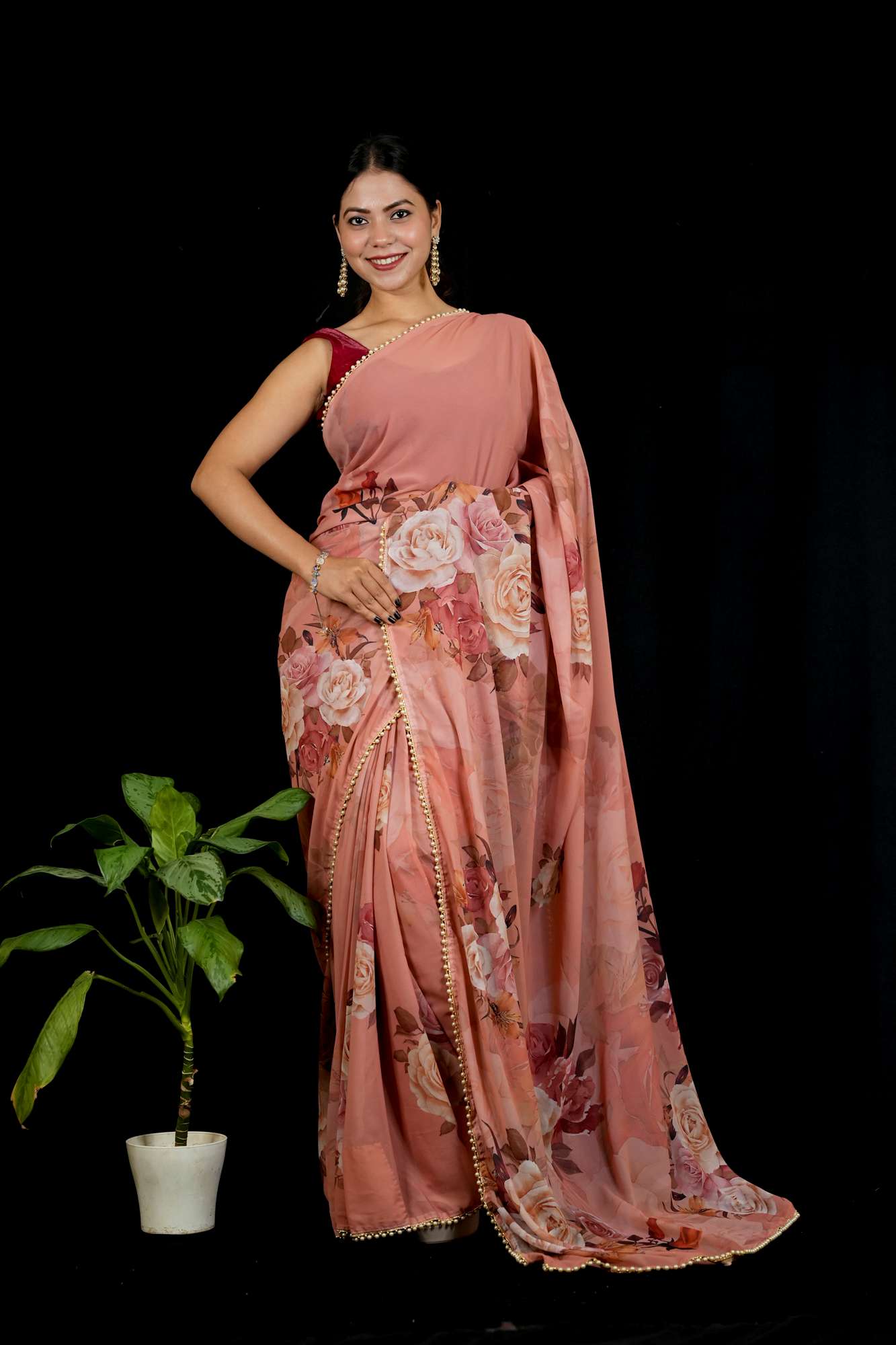 Pink Georgette Floral Printed with Pearl Lace Border Ready To Wear Saree