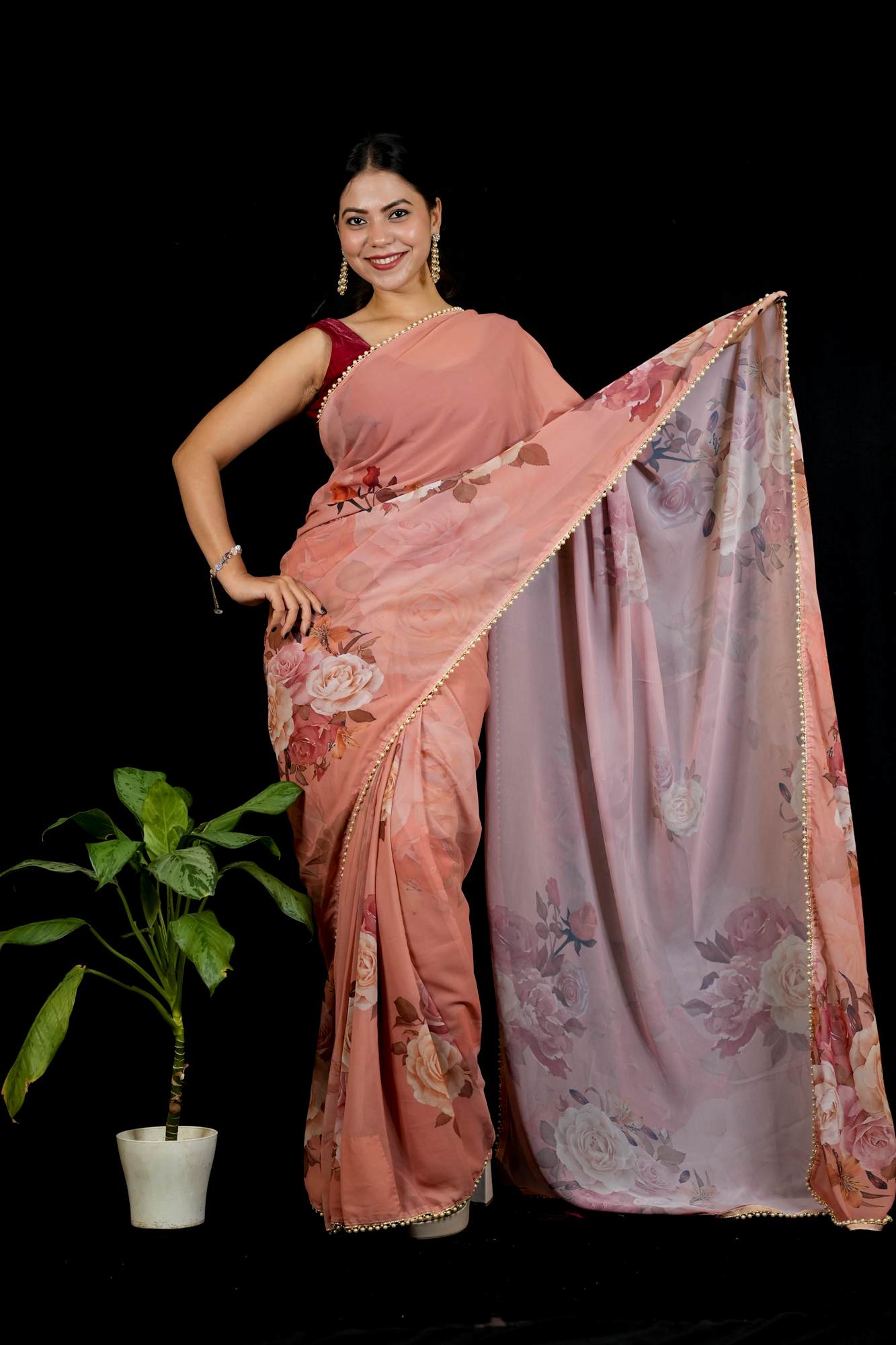 Pink Georgette Floral Printed with Pearl Lace Border Ready To Wear Saree