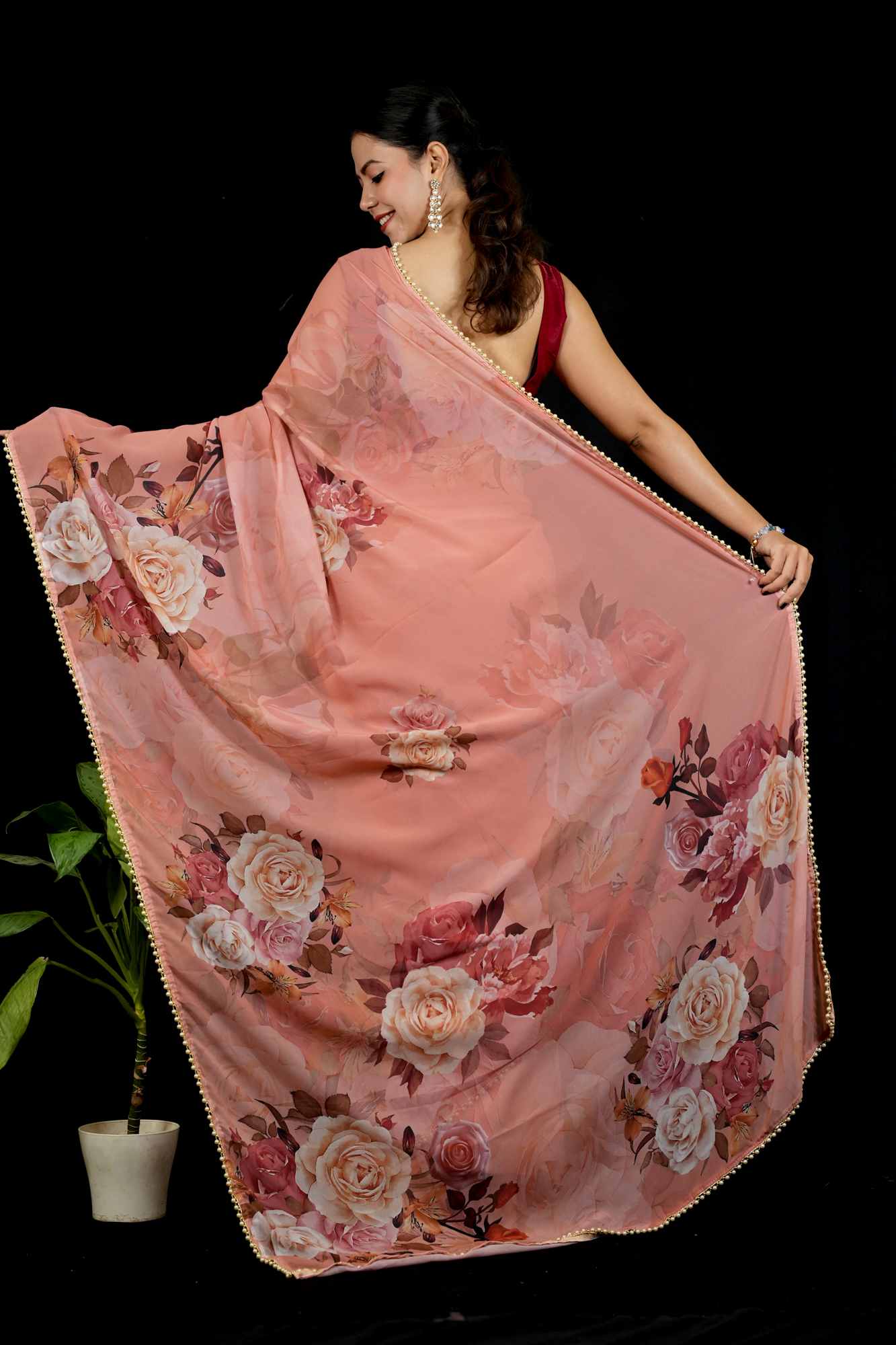 Pink Georgette Floral Printed with Pearl Lace Border Ready To Wear Saree
