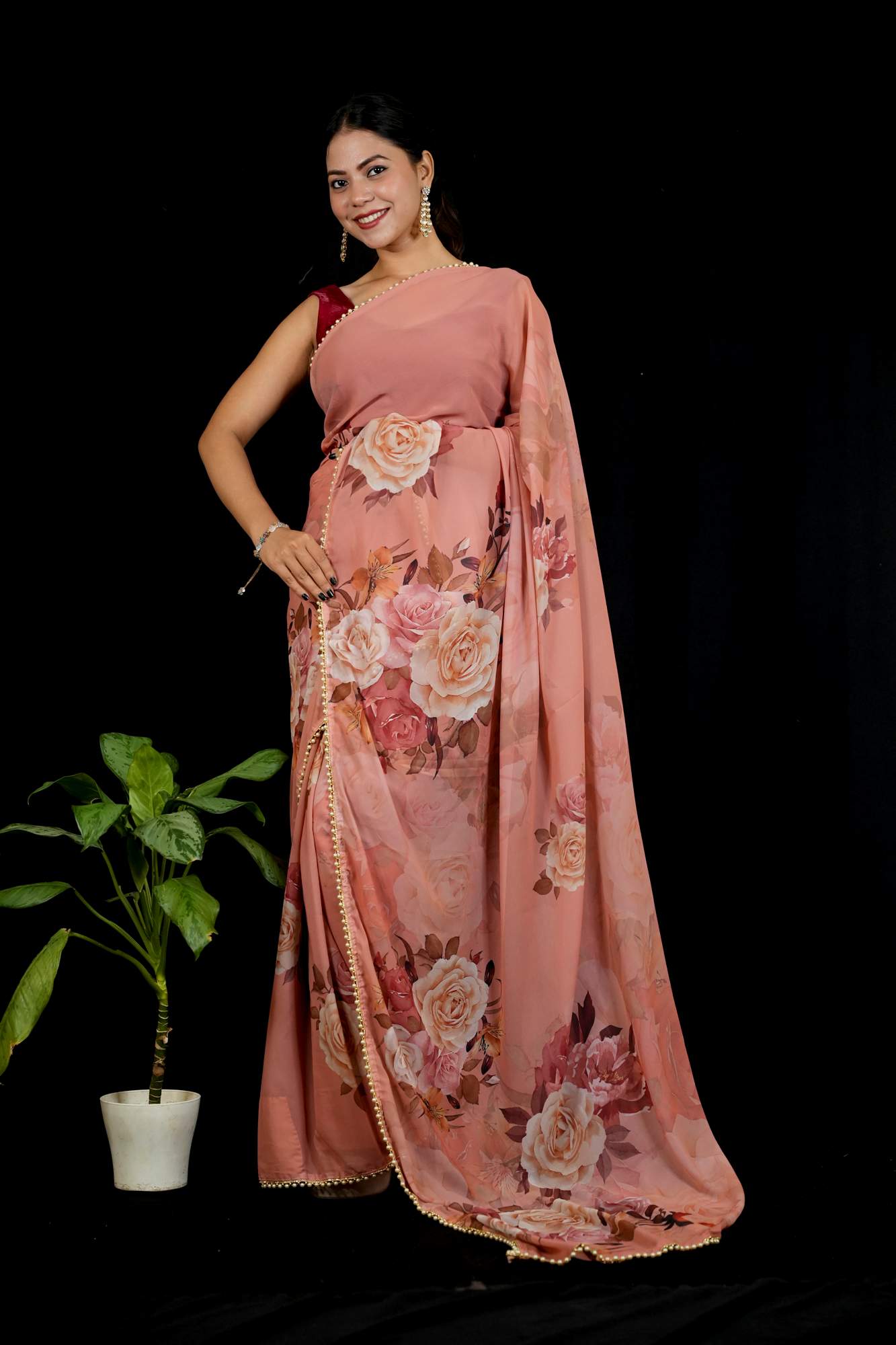 Pink Georgette Floral Printed with Pearl Lace Border Ready To Wear Saree
