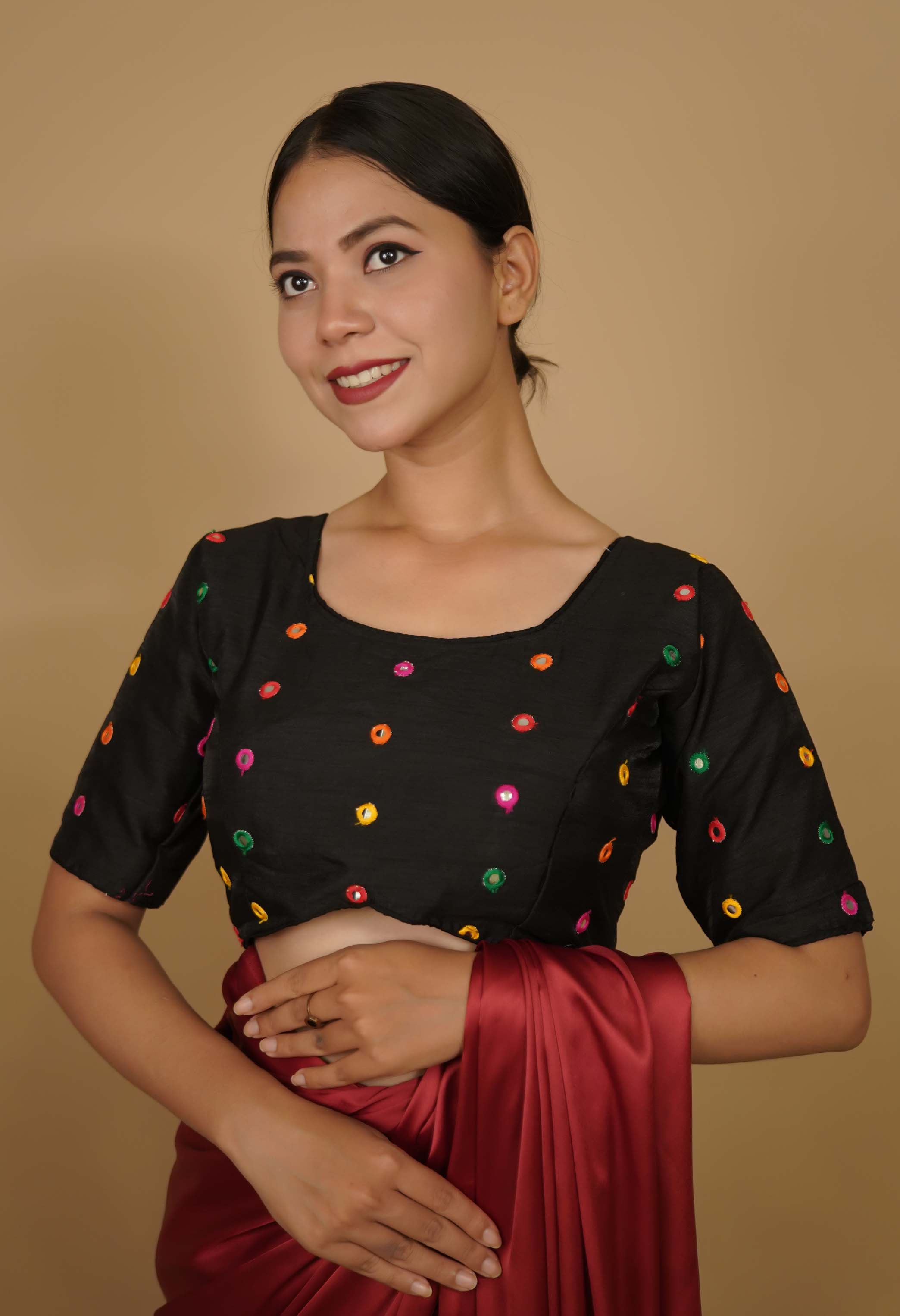 Stylish Black With Multicolor Thread Embroidered &  Mirror Embellished  Designer Blouse