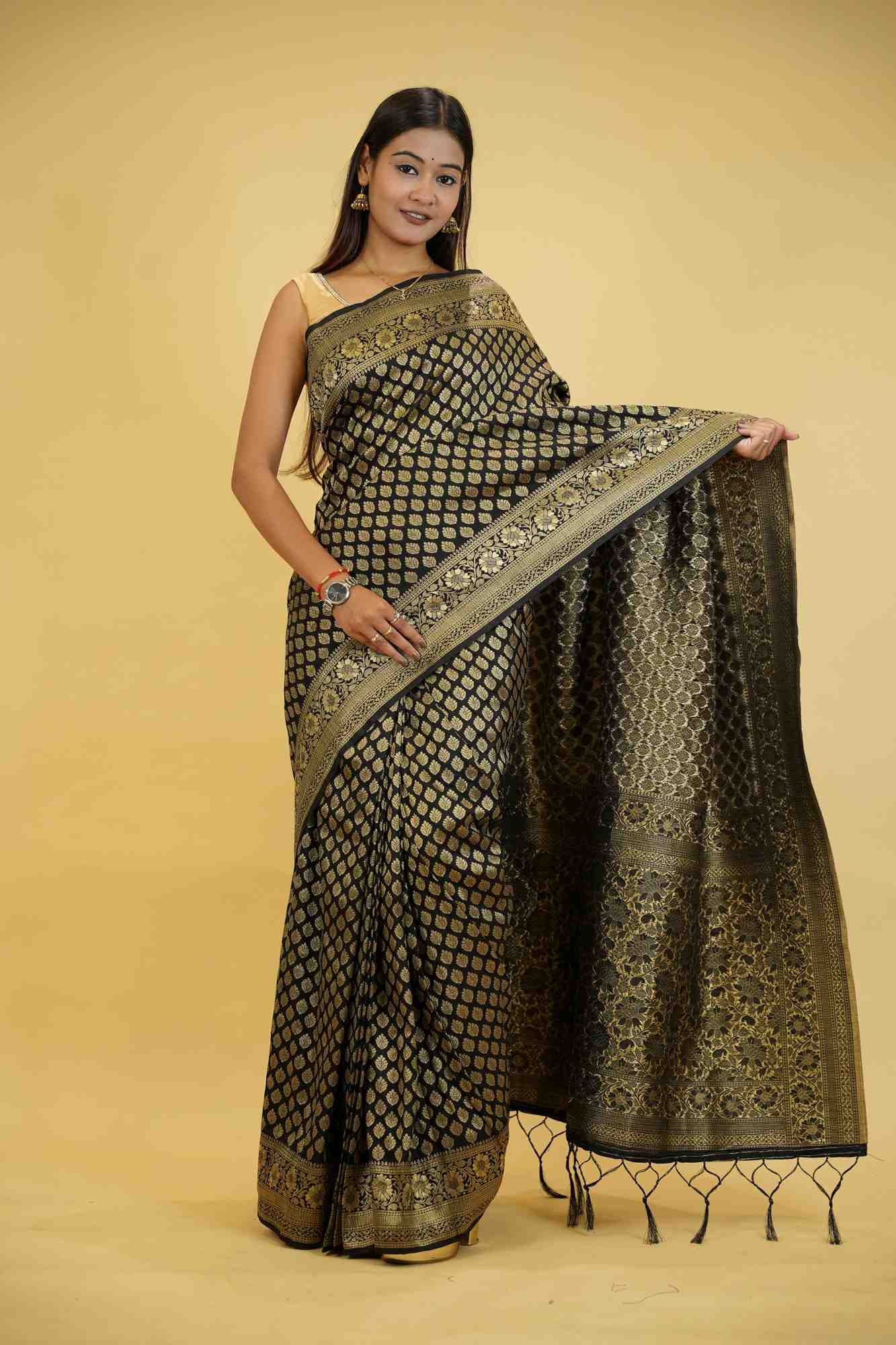 Khadi Georgette Silk IN Black with Golden Woven Motifs Ready To Wear Saree