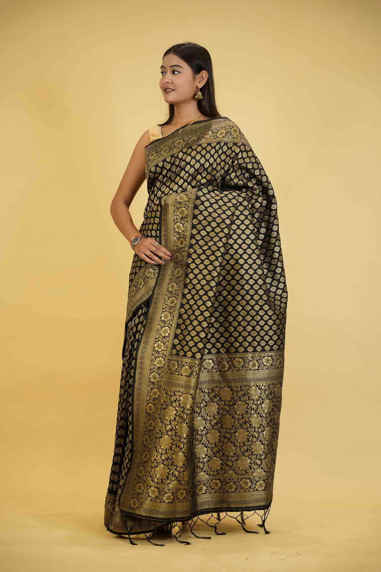 Khadi Georgette Silk IN Black with Golden Woven Motifs Ready To Wear Saree