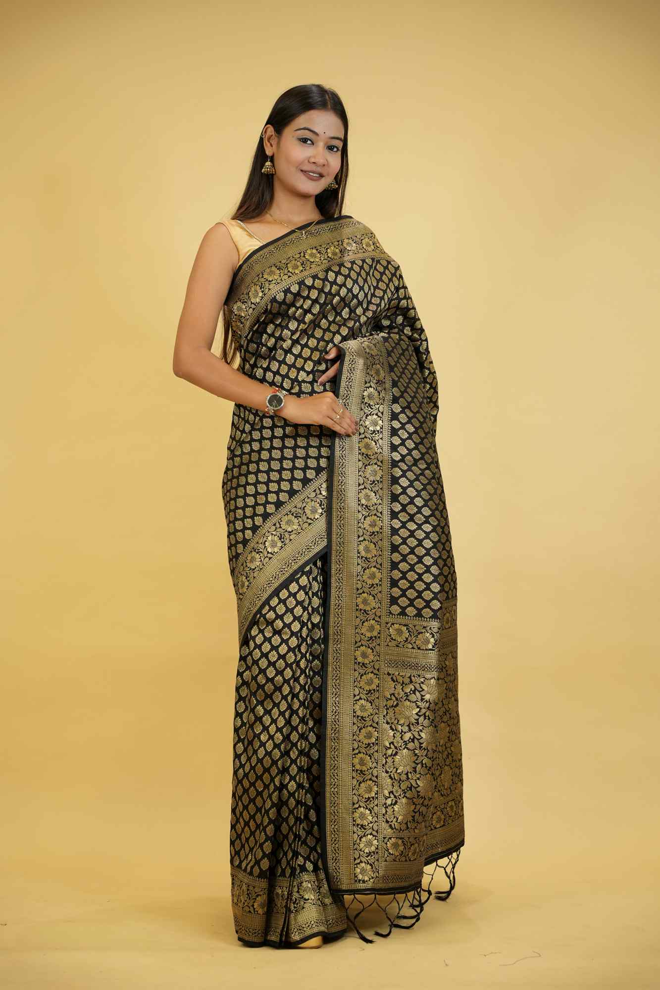 Khadi Georgette Silk IN Black with Golden Woven Motifs Ready To Wear Saree