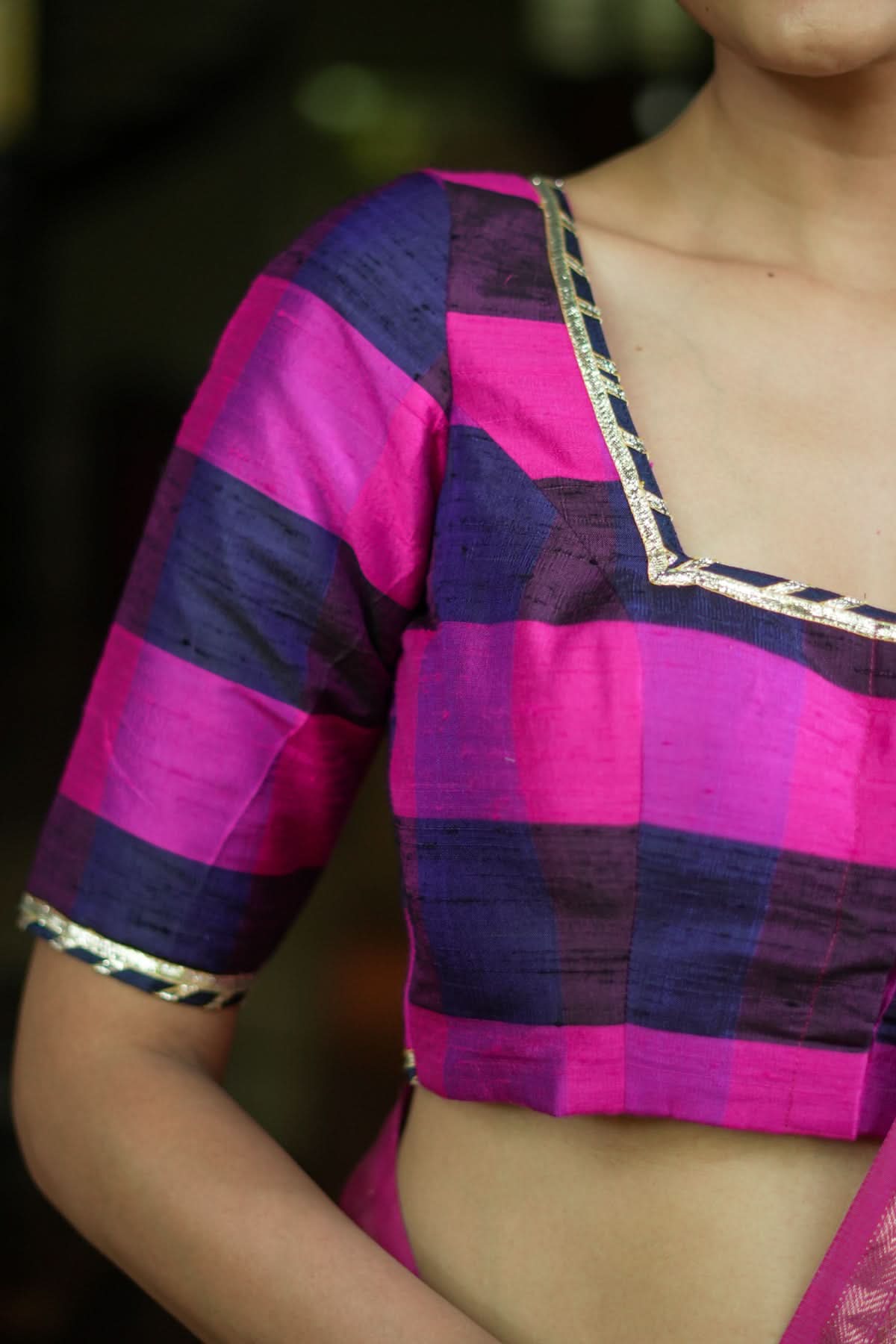 Navy blue, Pink checked Pure rawsilk with crisscross tie | Shobitam