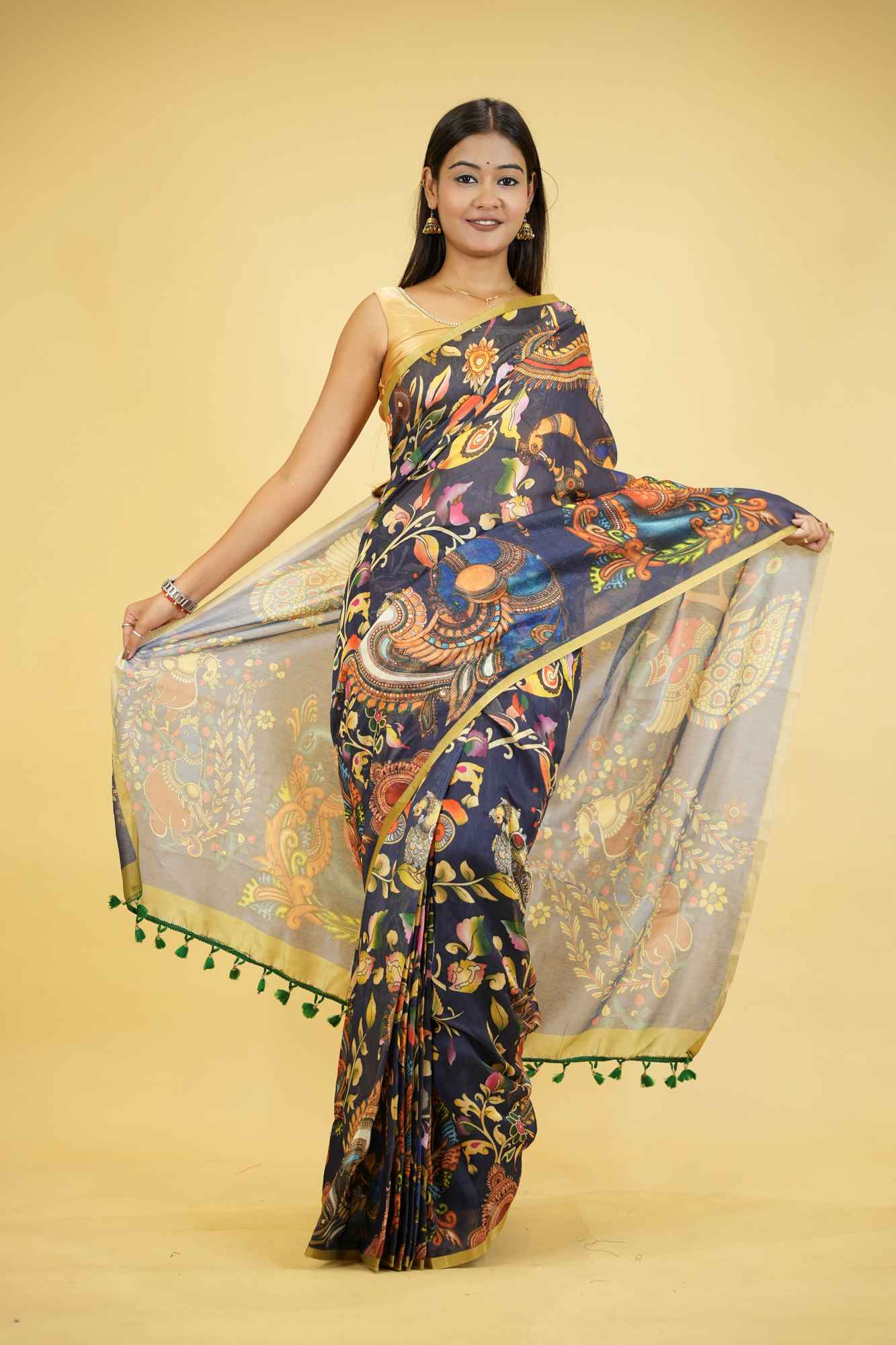Linen with Digital Kalamkari & Green Border Ready To Wear Saree