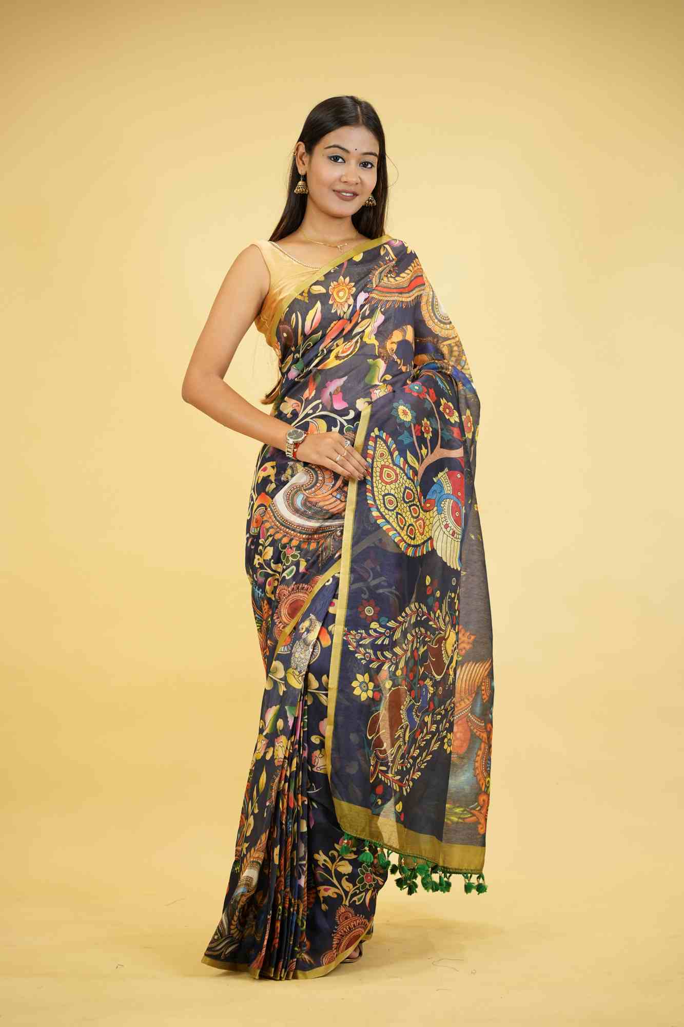 Linen with Digital Kalamkari & Green Border Ready To Wear Saree