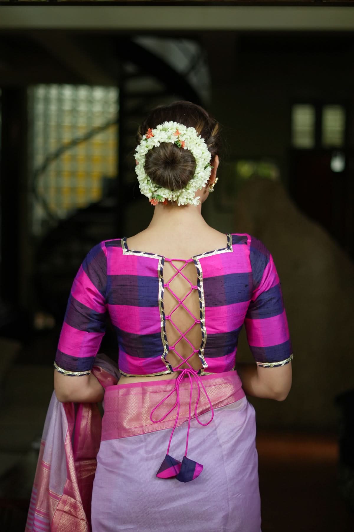 Navy blue, Pink checked Pure rawsilk with crisscross tie | Shobitam