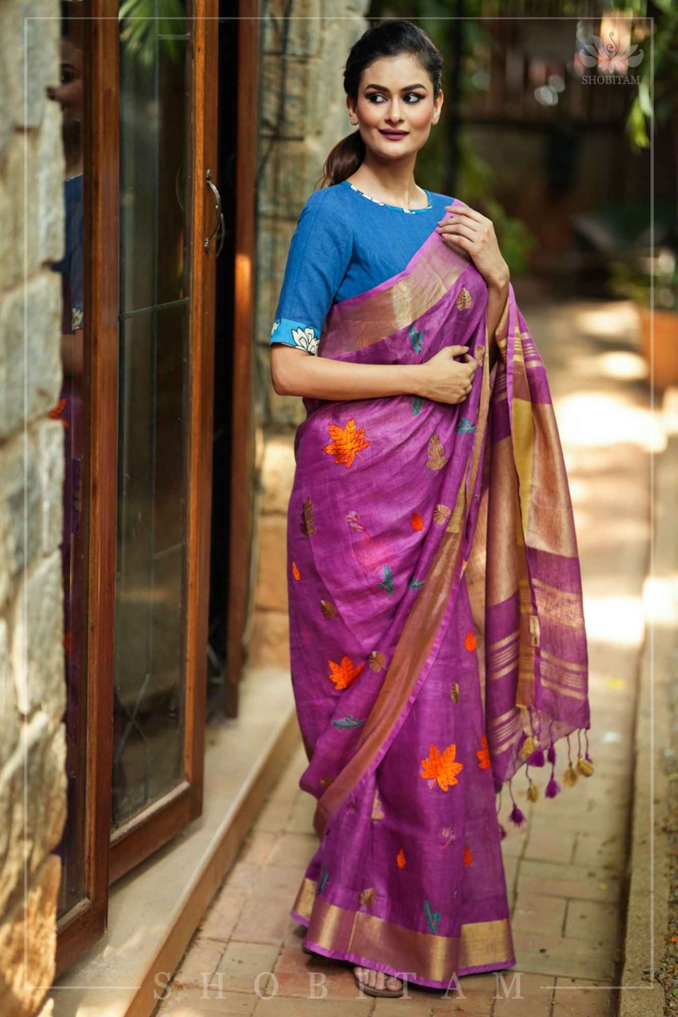 Ready To Wear Light Purple Linen Saree with Embroidery | Shobitam Saree