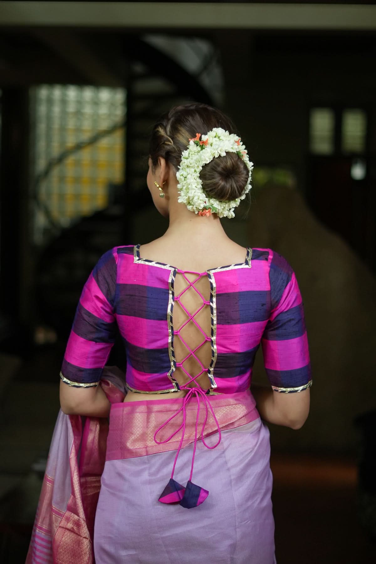 Navy blue, Pink checked Pure rawsilk with crisscross tie | Shobitam