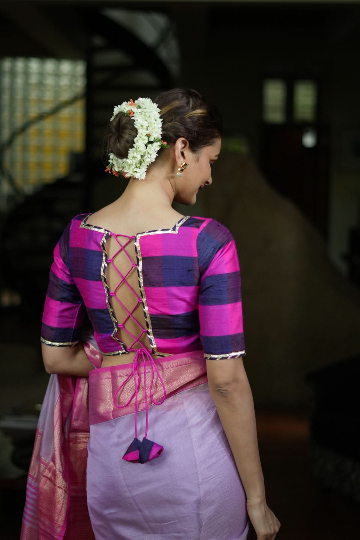 Navy blue, Pink checked Pure rawsilk with crisscross tie | Shobitam