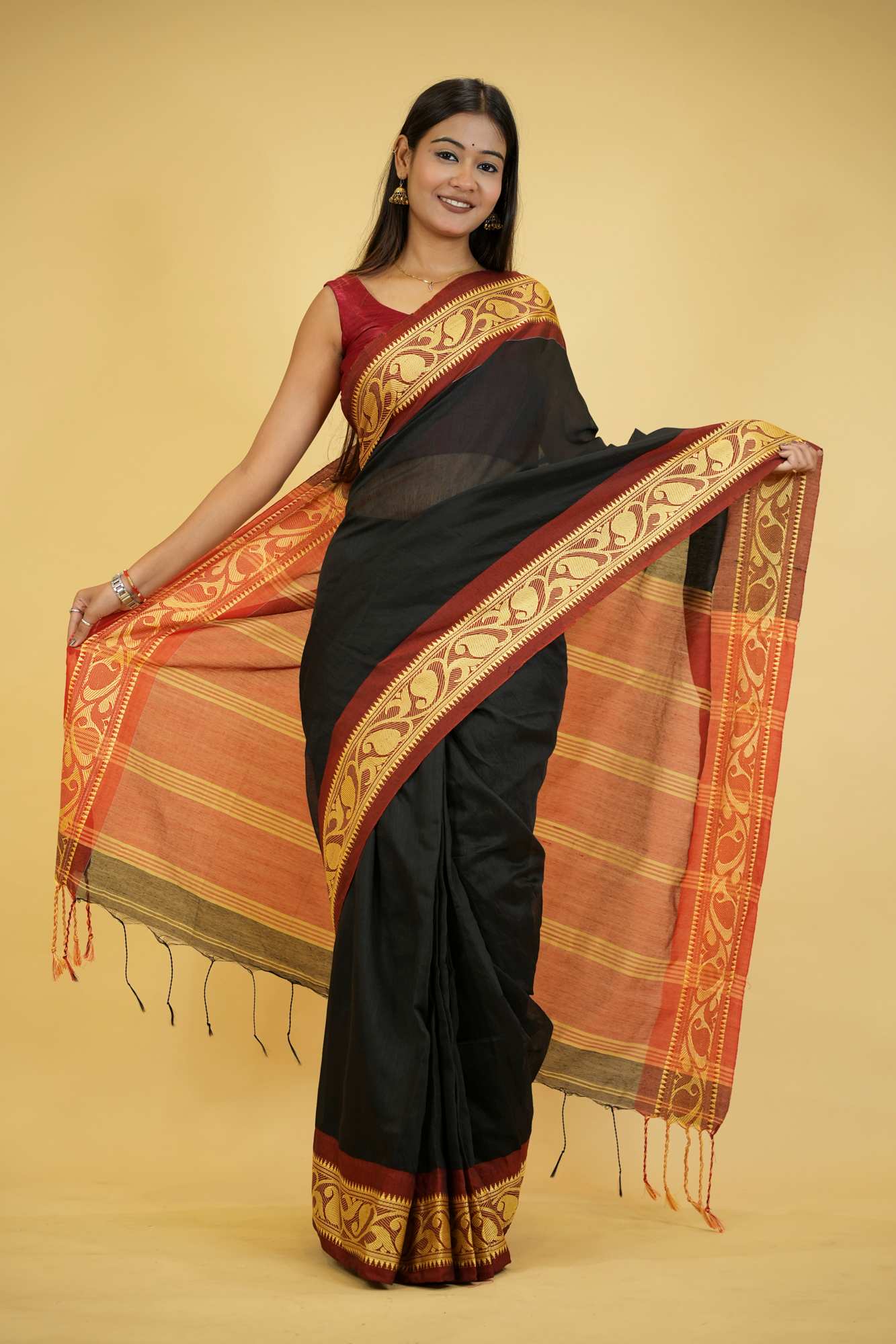 Black Cotton Silk with Red Woven Border & Pallu Ready To Wear Saree