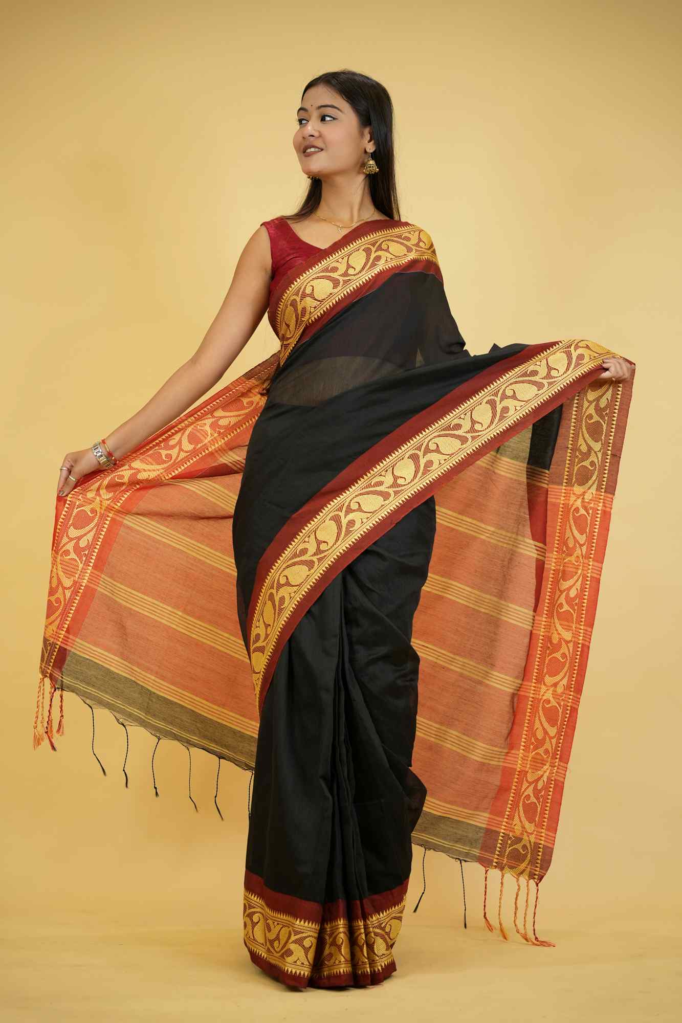 Black Cotton Silk with Red Woven Border & Pallu Ready To Wear Saree