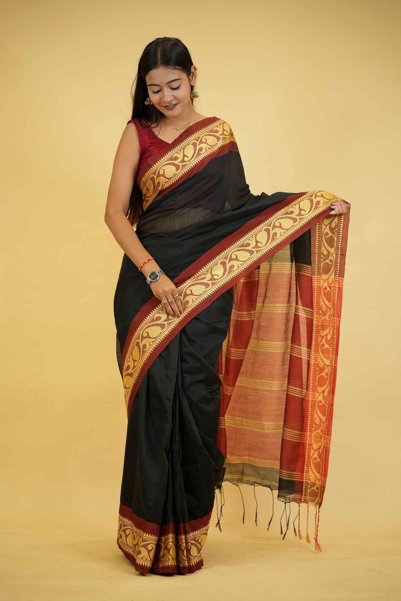 Black Cotton Silk with Red Woven Border & Pallu Ready To Wear Saree