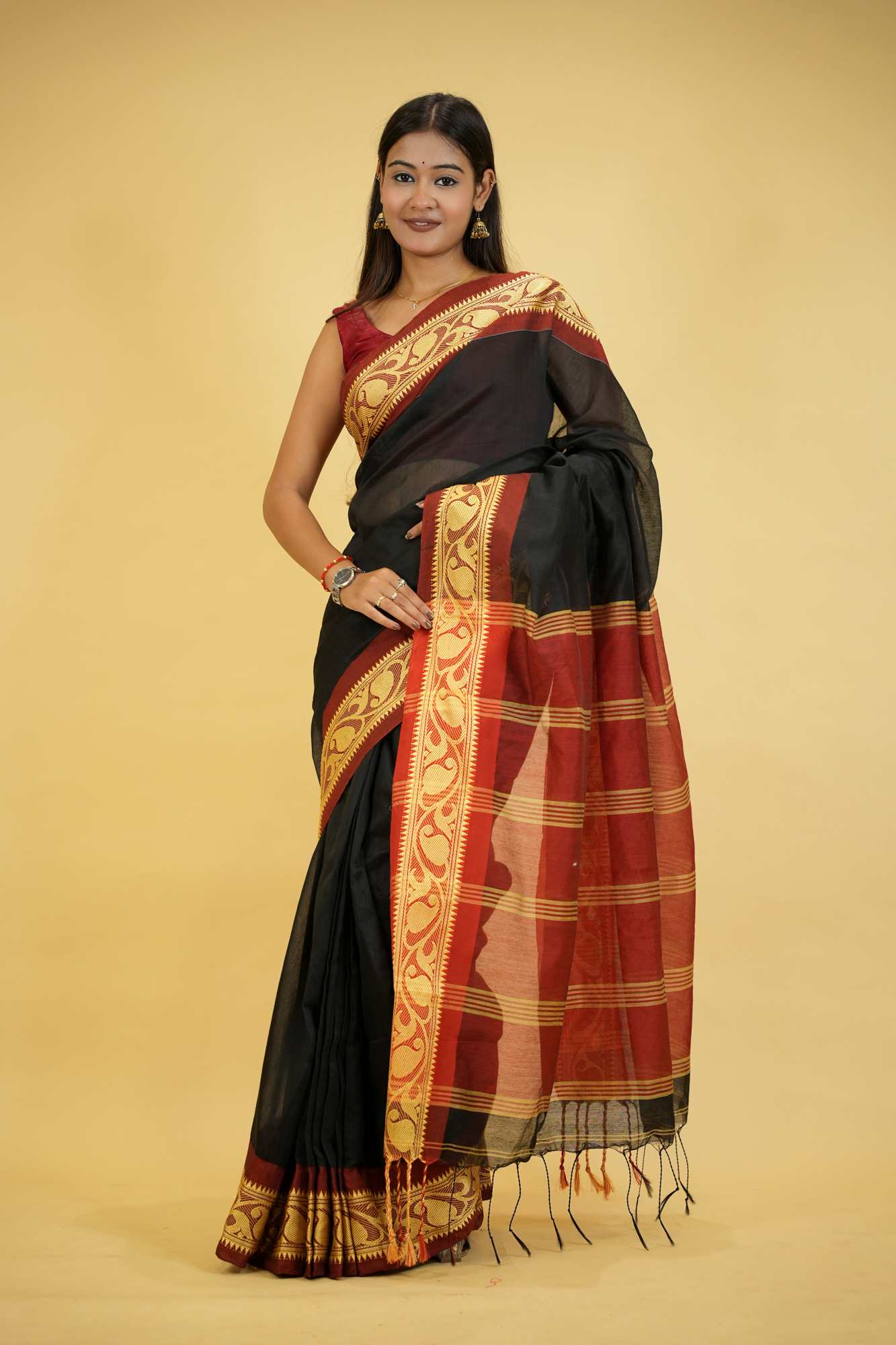 Black Cotton Silk with Red Woven Border & Pallu Ready To Wear Saree