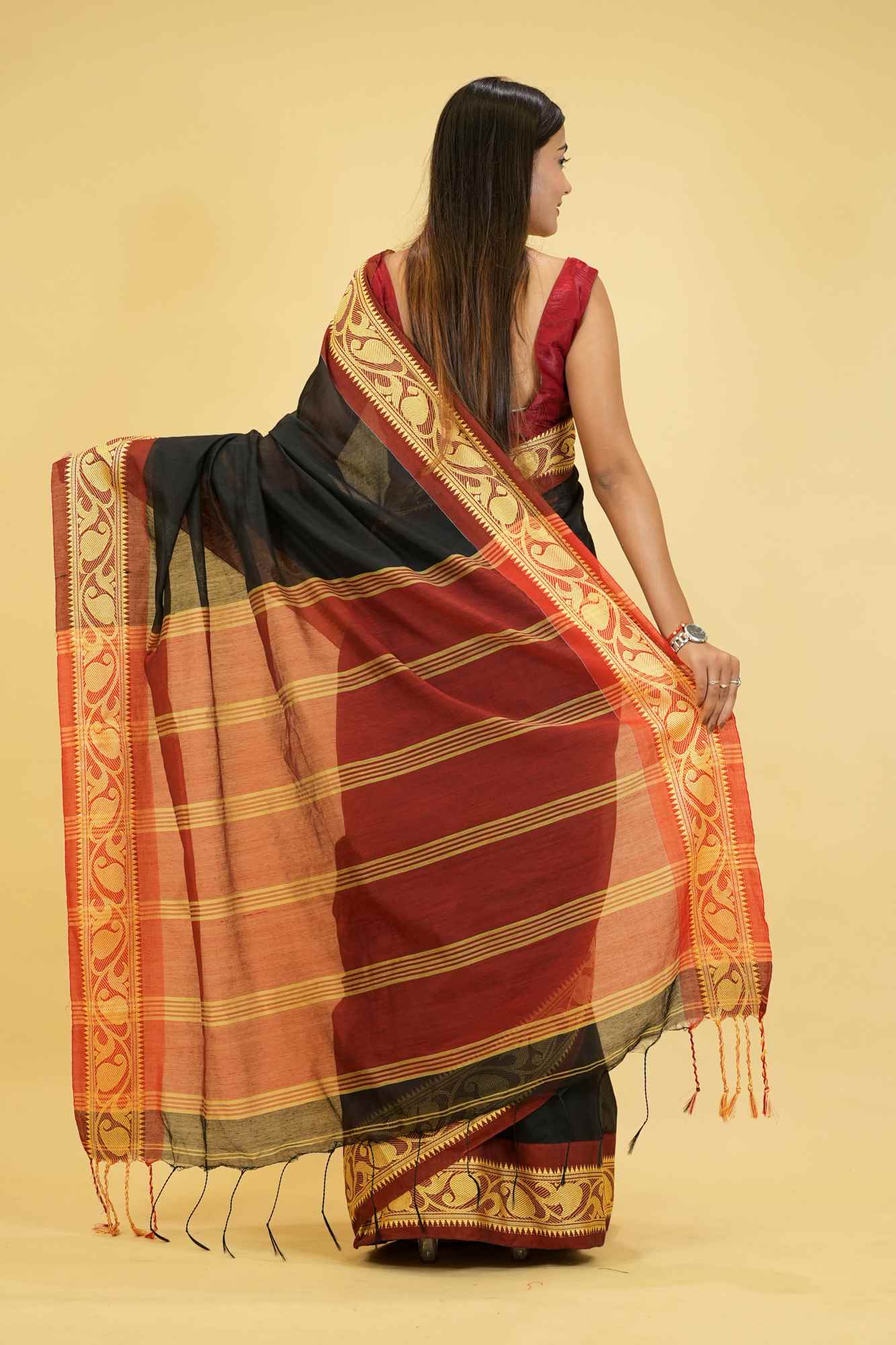 Black Cotton Silk with Red Woven Border & Pallu Ready To Wear Saree