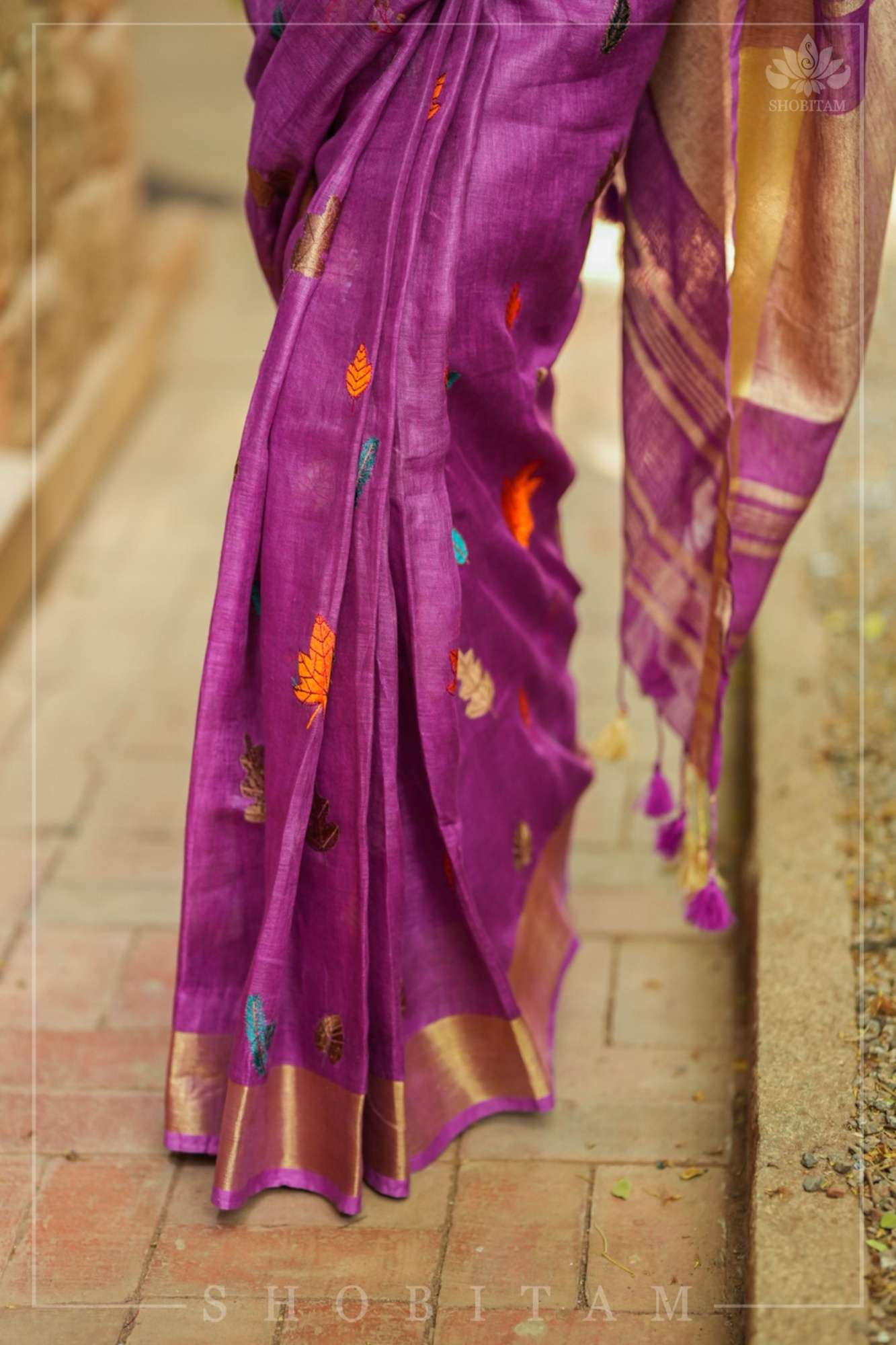 Ready To Wear Light Purple Linen Saree with Embroidery | Shobitam Saree