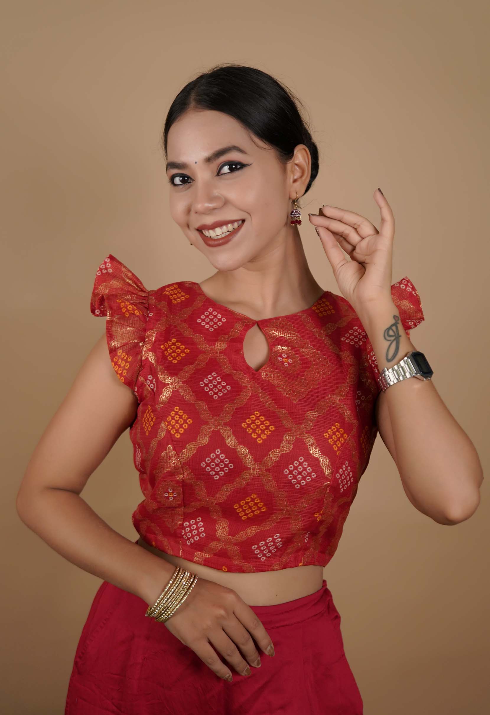 Red Bandhani printed  Sleeve Less With Padded  Blouse