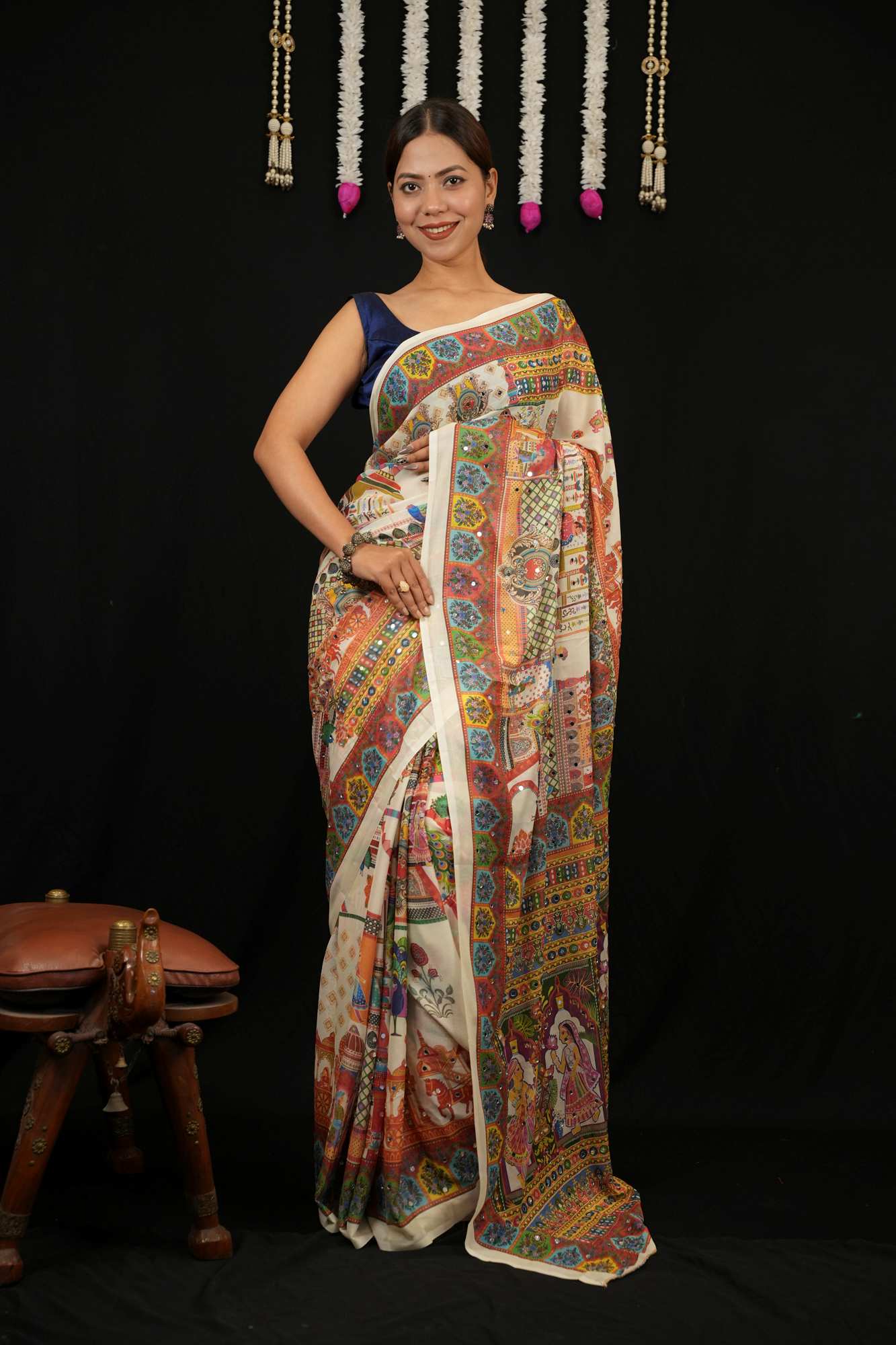 Traditional Heritage Print masakali georgette all over  mirror work Ready to Wear Saree