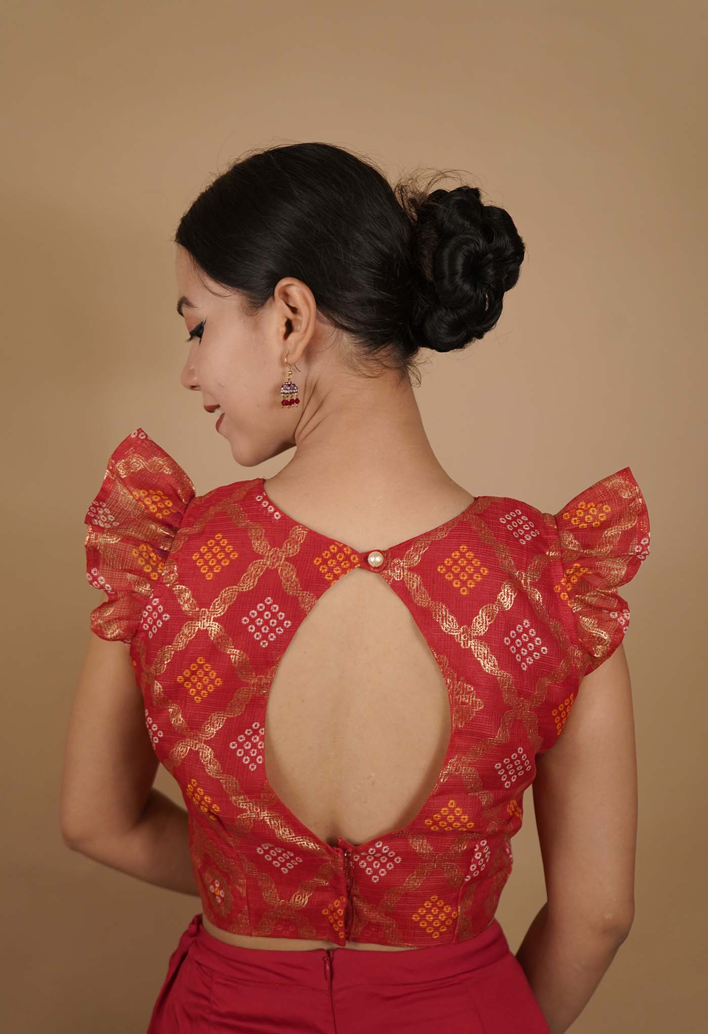 Red Bandhani printed  Sleeve Less With Padded  Blouse