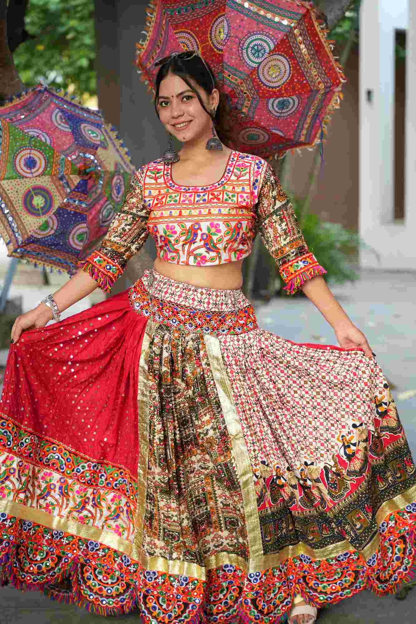 Mirror Work Garba Ghaghara Choli with Intricate Multicolor Embroidery and Traditional Motifs