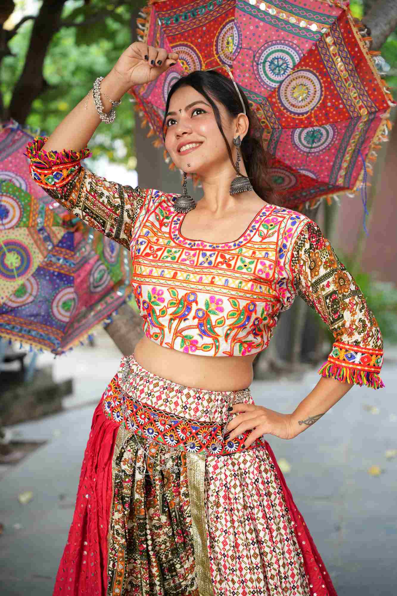 Mirror Work Garba Ghaghara Choli with Intricate Multicolor Embroidery and Traditional Motifs
