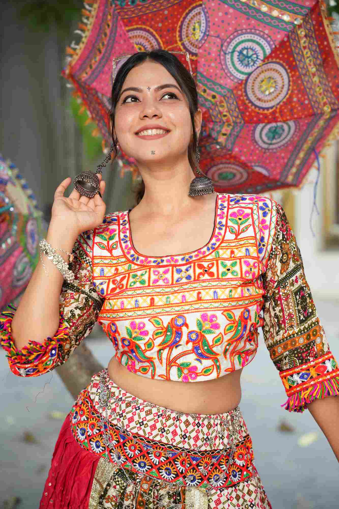 Mirror Work Garba Ghaghara Choli with Intricate Multicolor Embroidery and Traditional Motifs
