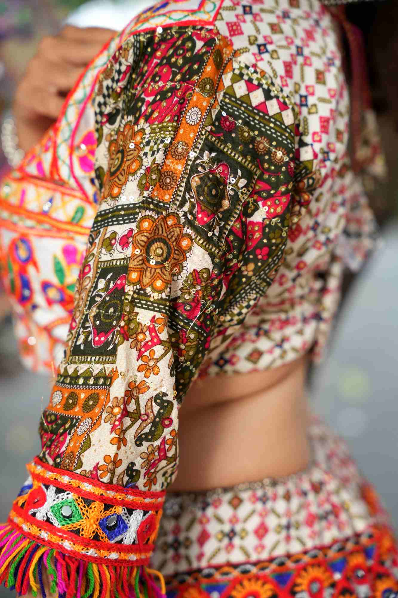 Mirror Work Garba Ghaghara Choli with Intricate Multicolor Embroidery and Traditional Motifs