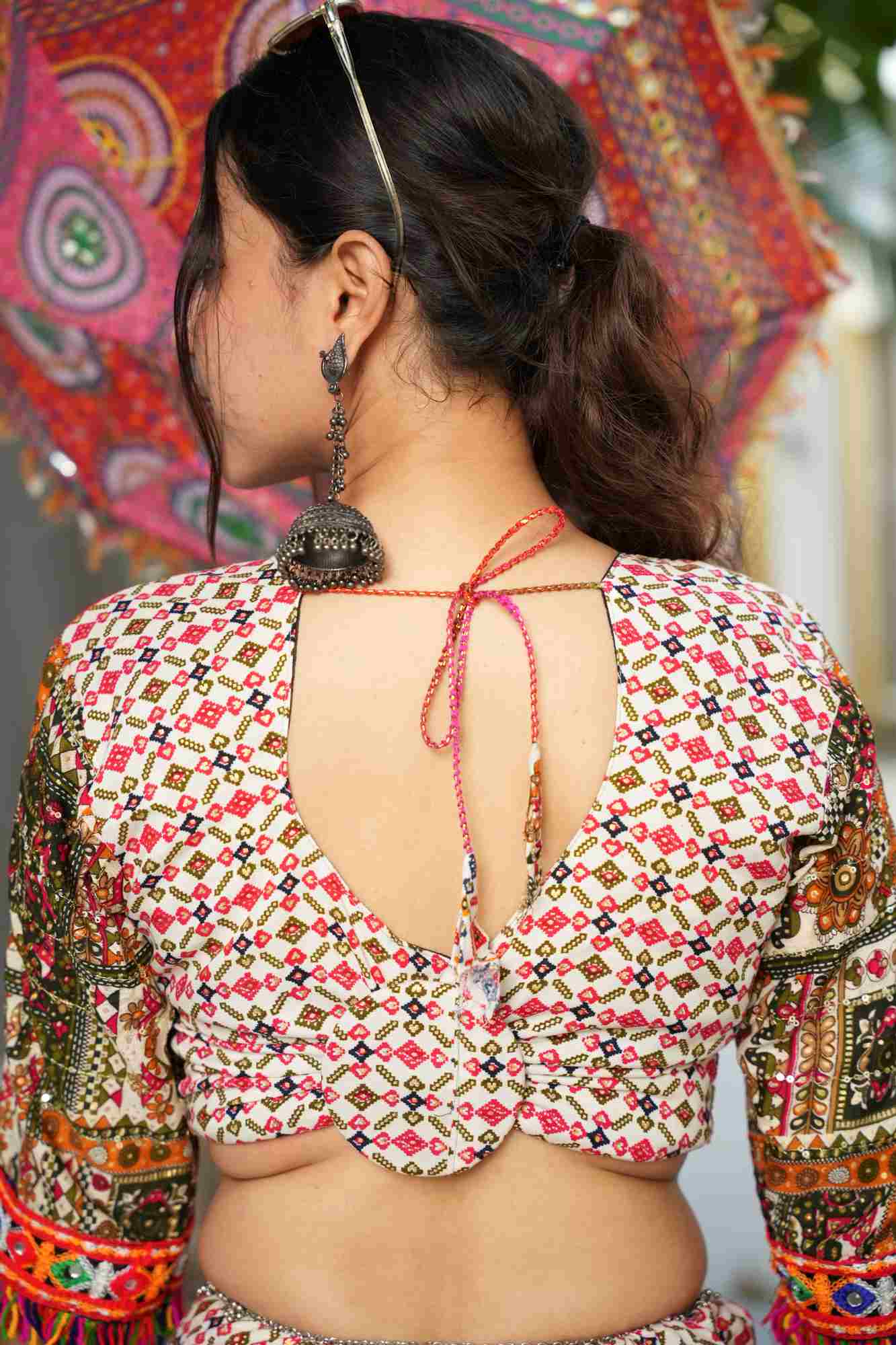 Mirror Work Garba Ghaghara Choli with Intricate Multicolor Embroidery and Traditional Motifs