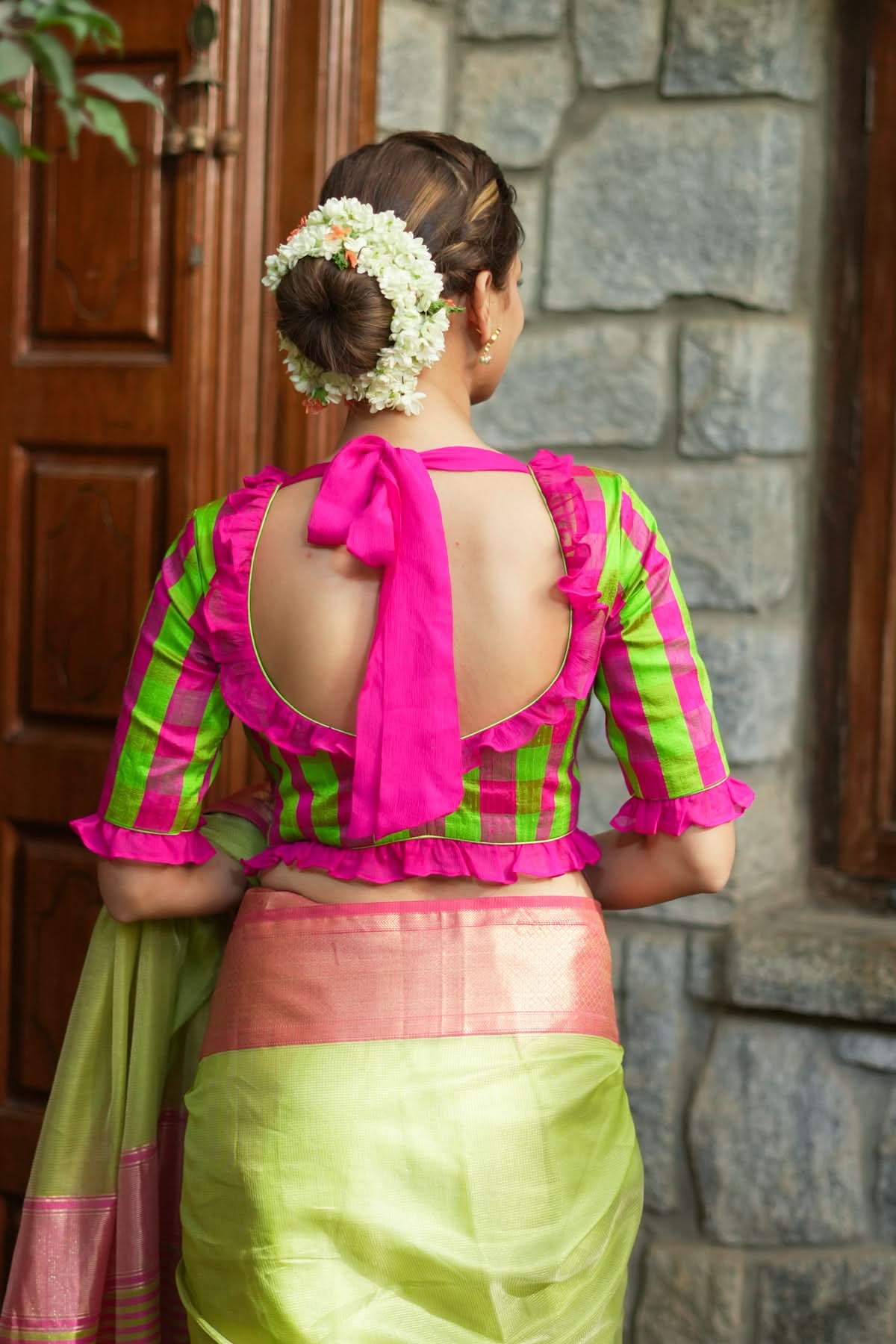 Green pink checked pure raw silk V neck blouse with chiffon frills | Shobitam