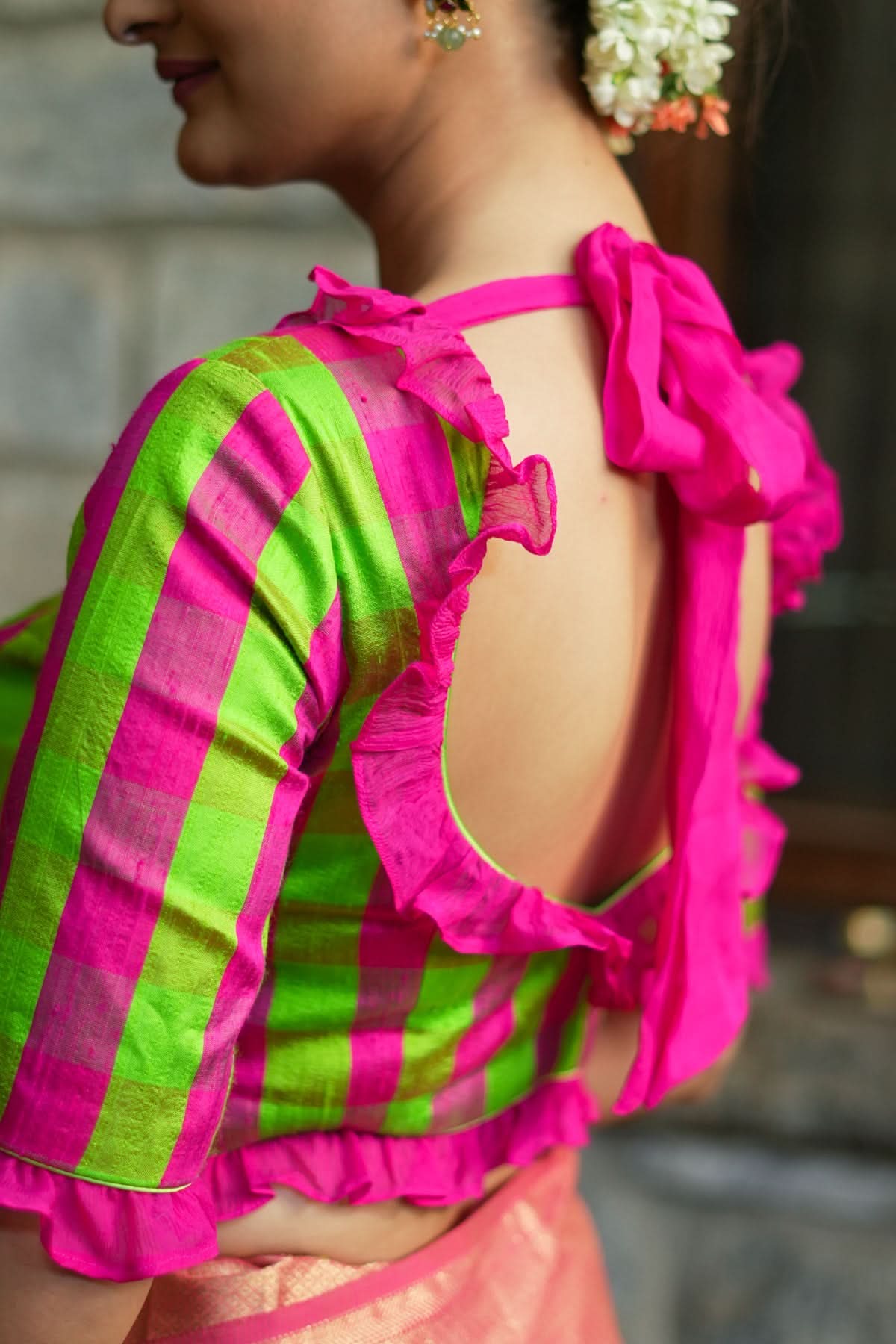 Green pink checked pure raw silk V neck blouse with chiffon frills | Shobitam