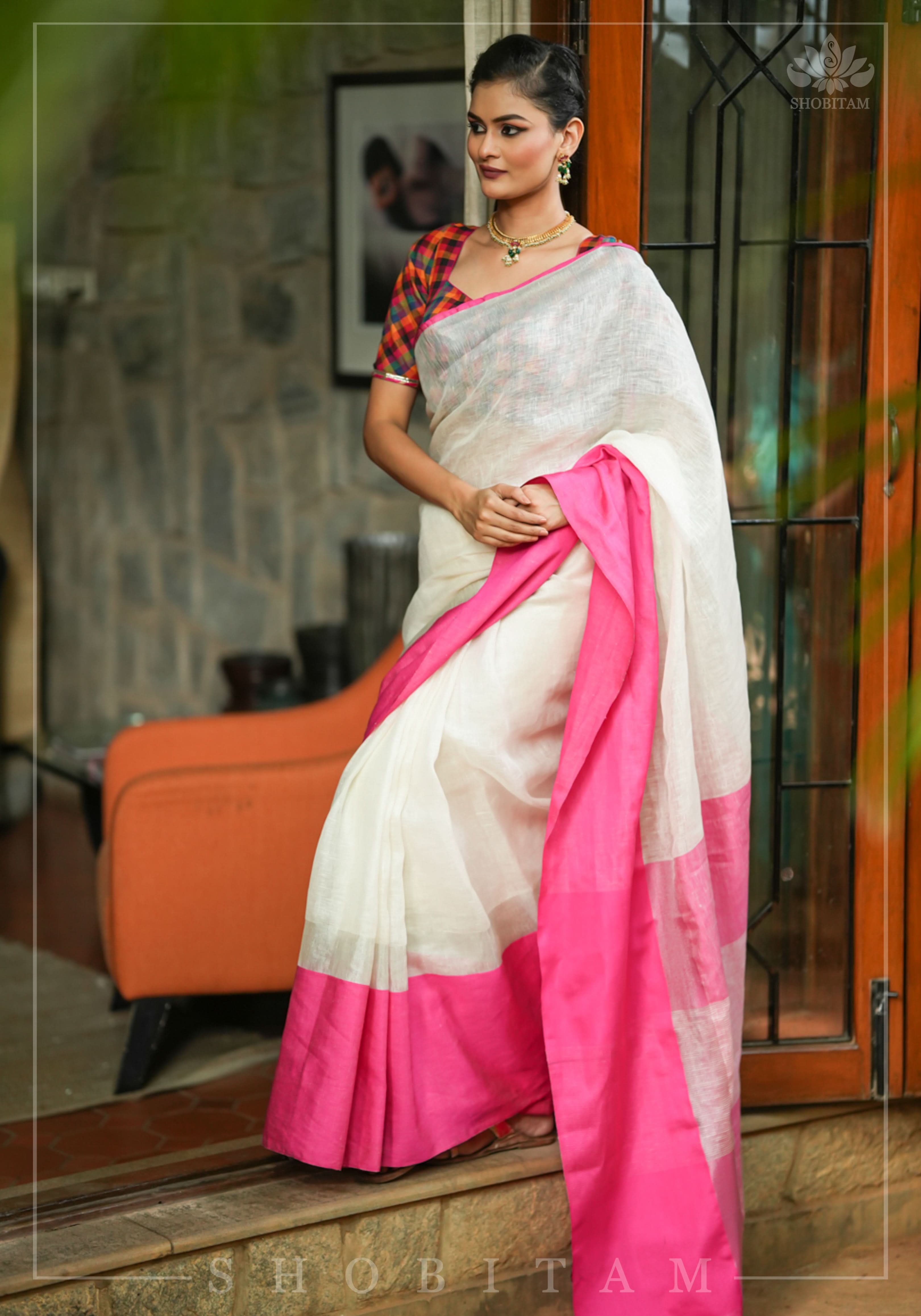 Charming White, Pink and Silver Wide Border Pure Linen by Linen Saree | Shobitam