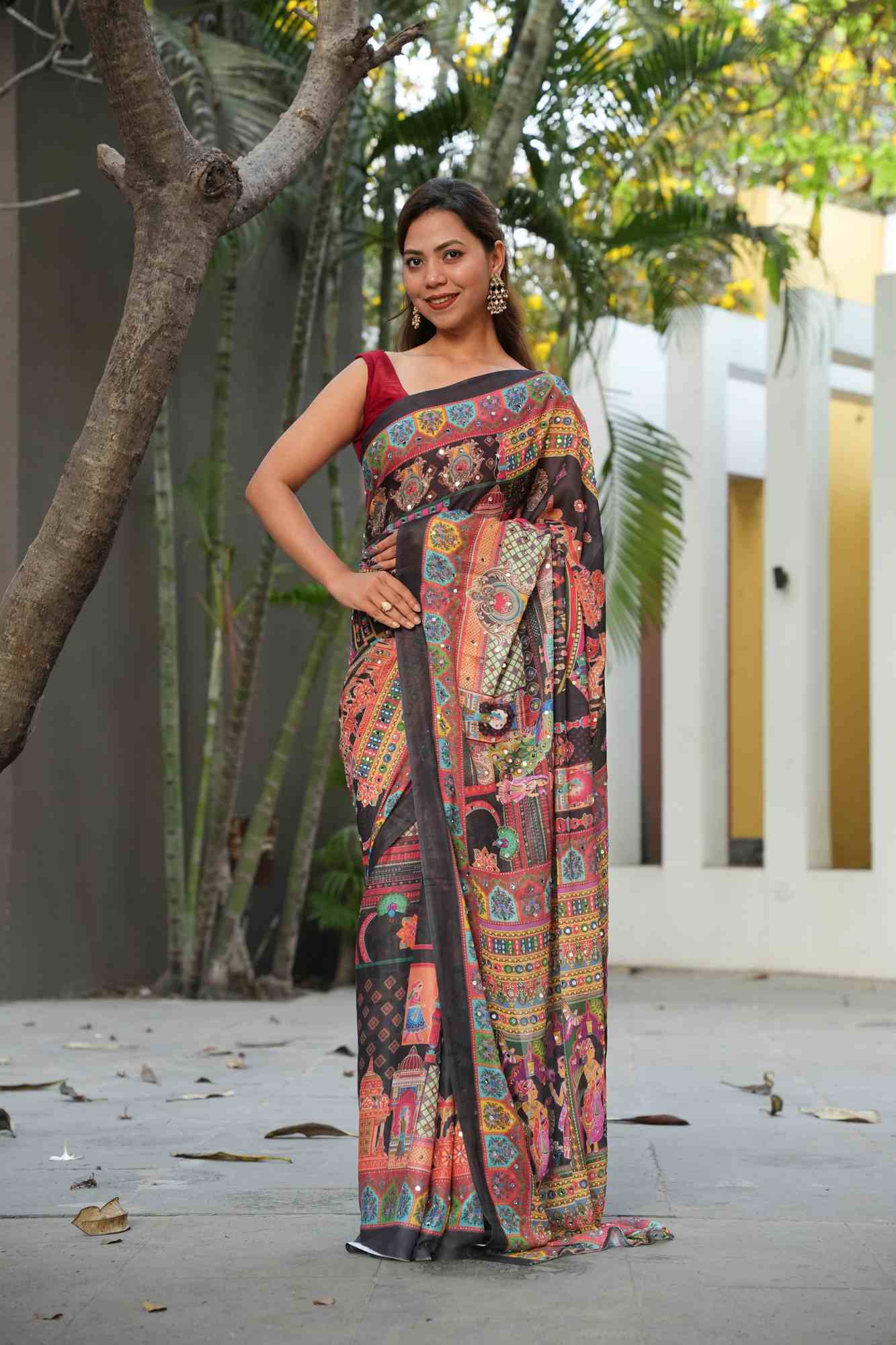 Traditional Heritage and Elephant Print masakali georgette all over  mirror work Ready to Wear Saree